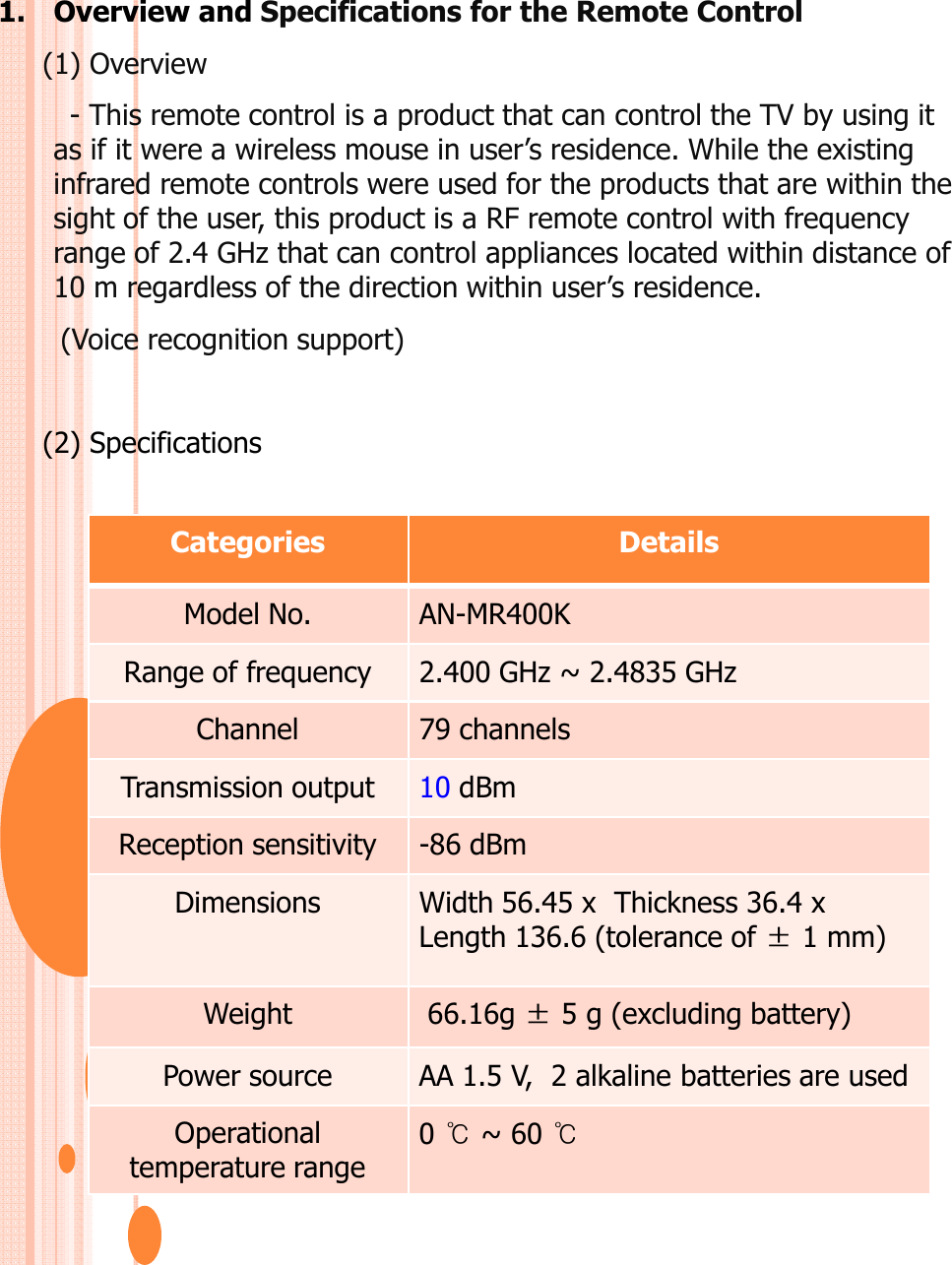 1. Overview and Specifications for the Remote Control(1) Overview- This remote control is a product that can control the TV by using it as if it were a wireless mouse in user’s residence. While the existing  infrared remote controls were used for the products that are within the sight of the user, this product is a RF remote control with frequency range of 2.4 GHz that can control appliances located within distance of 10 m regardless of the direction within user’s residence. (Voice recognition support)(2) SpecificationsCategories DetailsModel No. AN-MR400KRange of frequency 2.400 GHz ~ 2.4835 GHzChannel 79 channelsTransmission output 10 dBmReception sensitivity -86 dBmDimensions Width 56.45 x Thickness 36.4 x Length 136.6 (tolerance of ±1 mm) Weight 66.16g ±5 g (excluding battery)Power source AA 1.5 V,  2 alkaline batteries are usedOperational temperature range 0 ℃~ 60 ℃