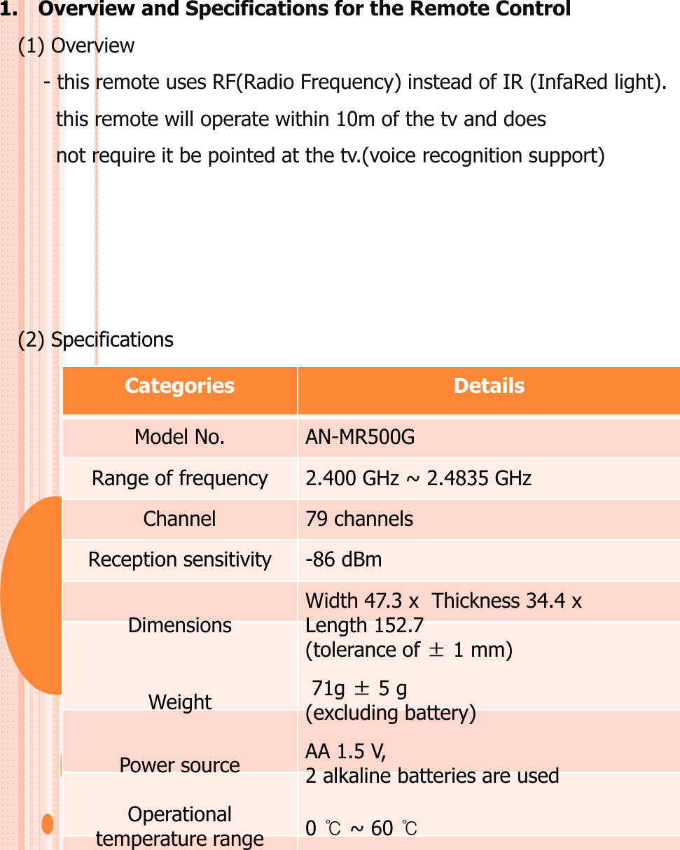 1. Overview and Specifications for the Remote Control(1) Overview- this remote uses RF(Radio Frequency) instead of IR (InfaRed light).this remote will operate within 10m of the tv and doesnot require it be pointed at the tv.(voice recognition support)(2) SpecificationsCategories DetailsModel No. AN-MR500GRange of frequency 2.400 GHz ~ 2.4835 GHzChannel 79 channelsReception sensitivity -86 dBmDimensions Width 47.3 x Thickness 34.4 x Length 152.7 (tolerance of ±1 mm) Weight 71g ±5 g (excluding battery)Power source AA 1.5 V,  2 alkaline batteries are usedOperational temperature range 0 ℃~ 60 ℃