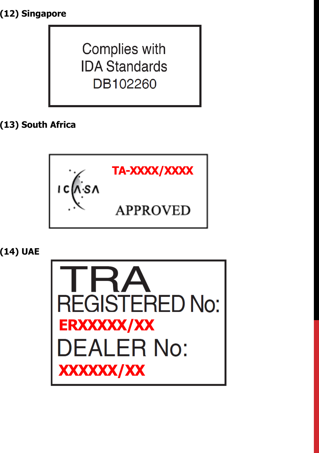 (12) Singapore(13) South Africa(14) UAEERXXXXX/XXXXXXXX/XXTA-XXXX/XXXX