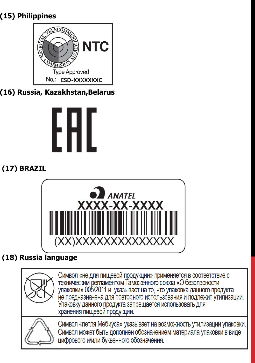 (15) Philippines(16) Russia, Kazakhstan,Belarus(17) BRAZIL(18) Russia languageESD-XXXXXXXC