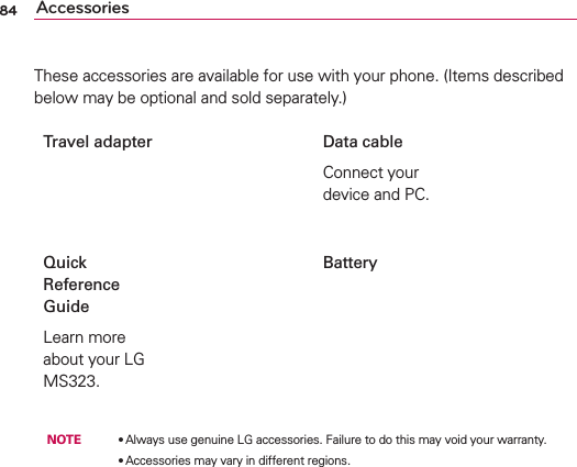 84These accessories are available for use with your phone. (Items described below may be optional and sold separately.)Travel adapter Data cableConnect your device and PC.Quick  Reference GuideLearn more about your LG MS323.Battery NOTE  OAlways use genuine LG accessories. Failure to do this may void your warranty.        OAccessories may vary in different regions.Accessories