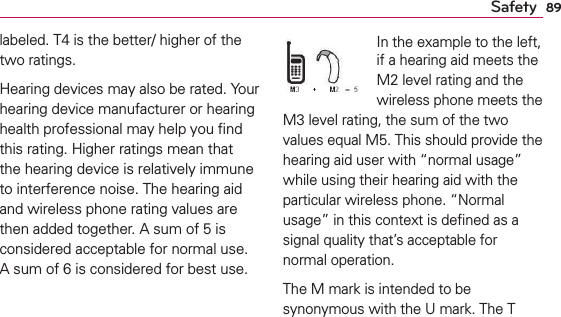 89Safetylabeled. T4 is the better/ higher of the two ratings.Hearing devices may also be rated. Your hearing device manufacturer or hearing health professional may help you ﬁnd this rating. Higher ratings mean that the hearing device is relatively immune to interference noise. The hearing aid and wireless phone rating values are then added together. A sum of 5 is considered acceptable for normal use. A sum of 6 is considered for best use.In the example to the left, if a hearing aid meets the M2 level rating and the wireless phone meets the M3 level rating, the sum of the two values equal M5. This should provide the hearing aid user with “normal usage” while using their hearing aid with the particular wireless phone. “Normal usage” in this context is deﬁned as a signal quality that’s acceptable for normal operation.The M mark is intended to be synonymous with the U mark. The T 