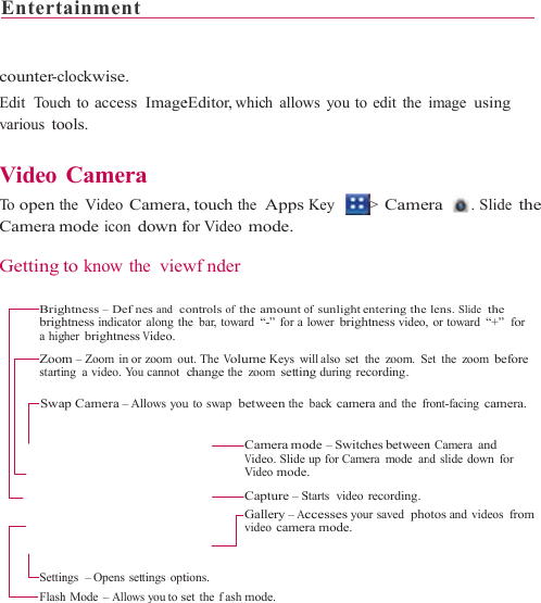 Entert  counter-cEdit  Toucvarious to Video To  open tCamera m Getting  Brigbrigha higZoomstarti Swa  SettinFlashainment        clockwise. ch to access Imageools. Camera the Video Cameramode icon down fto know the viewghtness – Defnes and  chtness indicator along thgher brightness Video.m – Zoom  in or zoom  ouing  a video. Yo u  cannot ap Camera – Allows youngs  – Opens settings  opth Mode – Allows you to s                    eEditor, which allowa, touch the  Appsfor Video mode.wfnder controls of the amount ohe bar, toward “-” for aut. The Volume Keys wchange the zoom settinu to swap  between theCamera moVideo. SlideVideo modeCapture – SGallery – Acvideo camertions. set the fash mode.                     ws you to edit theKey &gt; Cameof sunlight entering  thelower brightness video,will also set the zoom. Sng during recording. back camera and the frode – Switches betweenup for Camera  mode  ane. Starts  video recording.ccesses your saved  phora mode.                  image using ra . Slide thelens. Slide  the  or toward “+”  for et the zoom before ront-facing camera. n Camera and nd slide down for otos and videos from 