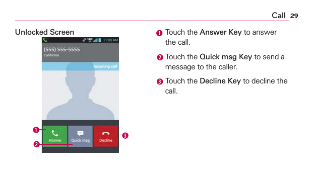29CallUnlocked Screen  Touch the Answer Key to answer the call. Touch the Quick msg Key to send a message to the caller. Touch the Decline Key to decline the call.