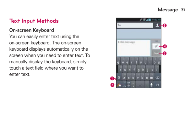 31MessageText Input MethodsOn-screen KeyboardYou can easily enter text using the on-screen keyboard. The on-screen keyboard displays automatically on the screen when you need to enter text. To manually display the keyboard, simply touch a text ﬁeld where you want to enter text.