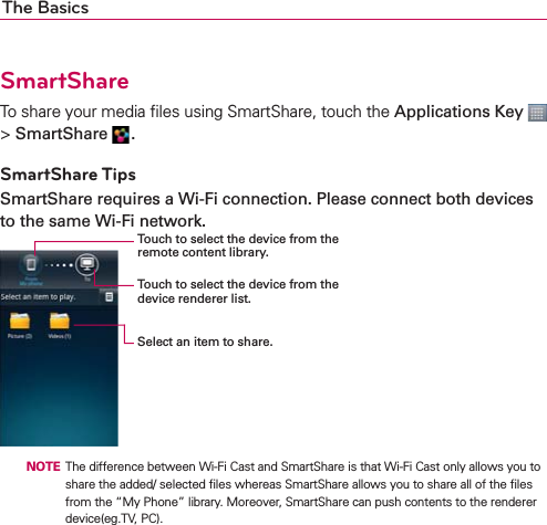The BasicsSmartShareTo share your media ﬁles using SmartShare, touch the Applications Key  &gt; SmartShare  .SmartShare TipsSmartShare requires a Wi-Fi connection. Please connect both devices to the same Wi-Fi network.  NOTE  The difference between Wi-Fi Cast and SmartShare is that Wi-Fi Cast only allows you to share the added/ selected ﬁles whereas SmartShare allows you to share all of the ﬁles from the “My Phone” library. Moreover, SmartShare can push contents to the renderer device(eg.TV, PC).Touch to select the device from the device renderer list.Touch to select the device from the remote content library.Select an item to share.