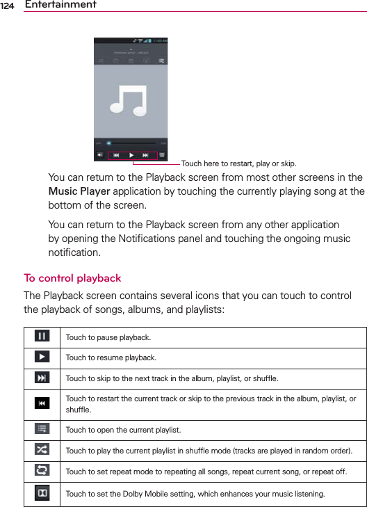 124 EntertainmentTouch here to restart, play or skip.    You can return to the Playback screen from most other screens in the Music Player application by touching the currently playing song at the bottom of the screen.    You can return to the Playback screen from any other application by opening the Notiﬁcations panel and touching the ongoing music notiﬁcation.To control playbackThe Playback screen contains several icons that you can touch to control the playback of songs, albums, and playlists: Touch to pause playback.Touch to resume playback.Touch to skip to the next track in the album, playlist, or shufﬂe.Touch to restart the current track or skip to the previous track in the album, playlist, or shufﬂe.Touch to open the current playlist.Touch to play the current playlist in shufﬂe mode (tracks are played in random order).Touch to set repeat mode to repeating all songs, repeat current song, or repeat off.Touch to set the Dolby Mobile setting, which enhances your music listening.