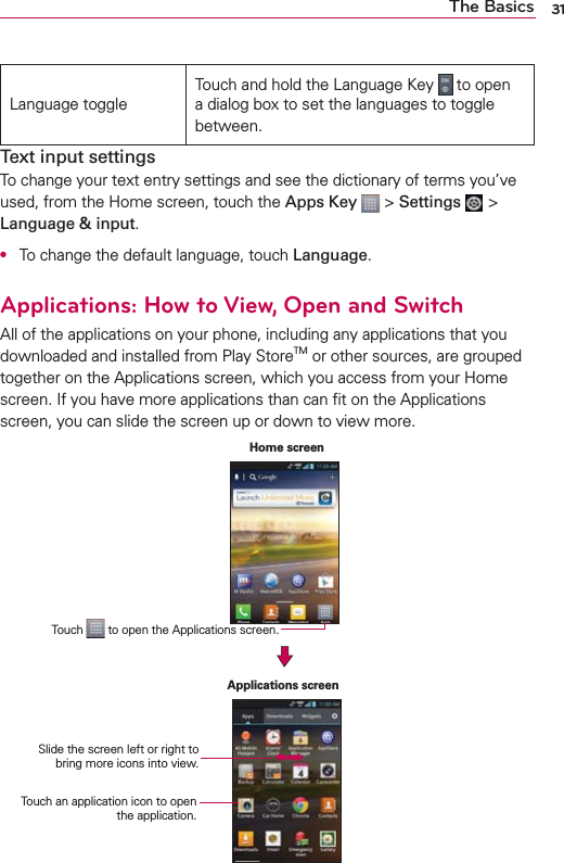 31The BasicsLanguage toggleTouch and hold the Language Key   to open a dialog box to set the languages to toggle between.Text input settingsTo change your text entry settings and see the dictionary of terms you’ve used, from the Home screen, touch the Apps Key  &gt; Settings  &gt; Language &amp; input.O  To change the default language, touch Language.Applications: How to View, Open and SwitchAll of the applications on your phone, including any applications that you downloaded and installed from Play StoreTM or other sources, are grouped together on the Applications screen, which you access from your Home screen. If you have more applications than can ﬁt on the Applications screen, you can slide the screen up or down to view more.   Home screenApplications screenTouch   to open the Applications screen.Touch an application icon to open the application.Slide the screen left or right to  bring more icons into view.