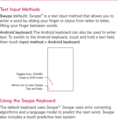 Text Input MethodsSwype (default): Swype™is a text input method that allows you toenter a word by sliding your finger or stylus from letter to letter,lifting your finger between words.Android keyboard: The Android keyboard can also be used to entertext. To switch to the Android keyboard, touch and hold a text field,then touch Input method &gt; Android keyboard.Using the Swype KeyboardThe default keyboard uses Swype™.Swype uses error correctingalgorithms and a language model to predict the next word. Swypealso includes a touch predictive text system.Toggles from 123/ABCmode to SYM modeAllows you to view SwypeTips and Help.
