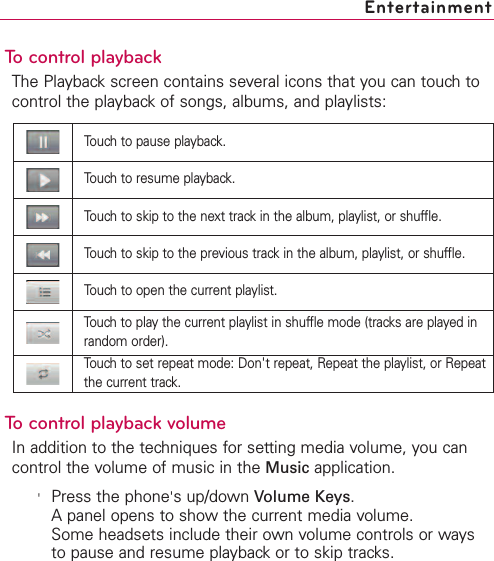 To control playbackThe Playback screen contains several icons that you can touch tocontrol the playback of songs, albums, and playlists: To control playback volumeIn addition to the techniques for setting media volume, you cancontrol the volume of music in the Music application.&apos;Press the phone&apos;sup/down Volume Keys.Apanel opens to show the current media volume.Some headsets include their own volume controls or waysto pause and resume playback or to skip tracks.EntertainmentTouch to pause playback.Touch to resume playback.Touch to skip to the next track in the album, playlist, or shuffle.Touch to skip to the previous track in the album, playlist, or shuffle.Touch to open the current playlist.Touch to play the current playlist in shuffle mode (tracks are played inrandom order).Touch to set repeat mode: Don&apos;trepeat, Repeat the playlist, or Repeatthe current track.