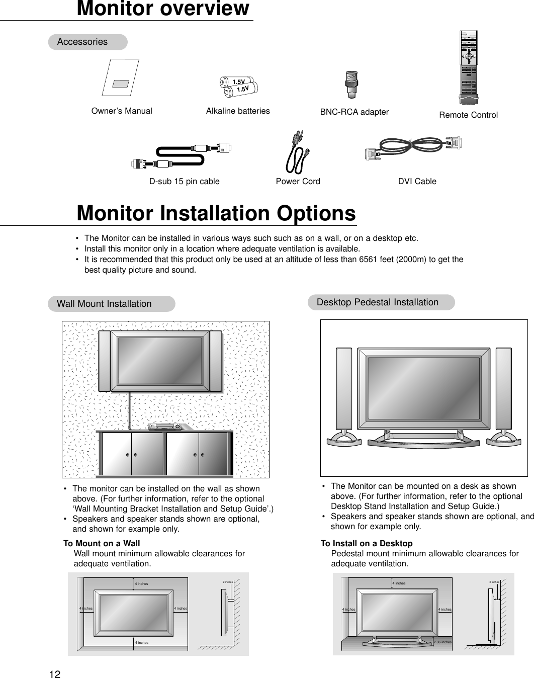 12Monitor Installation Options•The Monitor can be installed in various ways such such as on a wall, or on a desktop etc.•Install this monitor only in a location where adequate ventilation is available.•It is recommended that this product only be used at an altitude of less than 6561 feet (2000m) to get thebest quality picture and sound.Monitor overviewD-sub 15 pin cableOwner’s Manual1.5V1.5VAlkaline batteries BNC-RCA adapterPower Cord1234567809POWERSLEEP INPUT SELECTAPC DASPARCAUTO CONFIG.ZOOM -ZOOM +SPLIT ZOOMMENU MUTEOKVOLPOWER STOPPLAY FFRECREWP/STILLPIPTWIN PICTUREPIP POSITIONPIP STILLSOUND SELECTPIP INPUTVOLKEY LOCKRemote ControlDVI CableAccessories2 inches4 inches2.36 inches4 inches4 inches4 inches4 inches4 inches4 inches2 inchesTo Mount on a WallWall mount minimum allowable clearances foradequate ventilation.To Install on a DesktopPedestal mount minimum allowable clearances foradequate ventilation.Wall Mount Installation Desktop Pedestal Installation•The monitor can be installed on the wall as shownabove. (For further information, refer to the optional‘Wall Mounting Bracket Installation and Setup Guide’.)•Speakers and speaker stands shown are optional,and shown for example only.•The Monitor can be mounted on a desk as shownabove. (For further information, refer to the optionalDesktop Stand Installation and Setup Guide.)•Speakers and speaker stands shown are optional, andshown for example only.