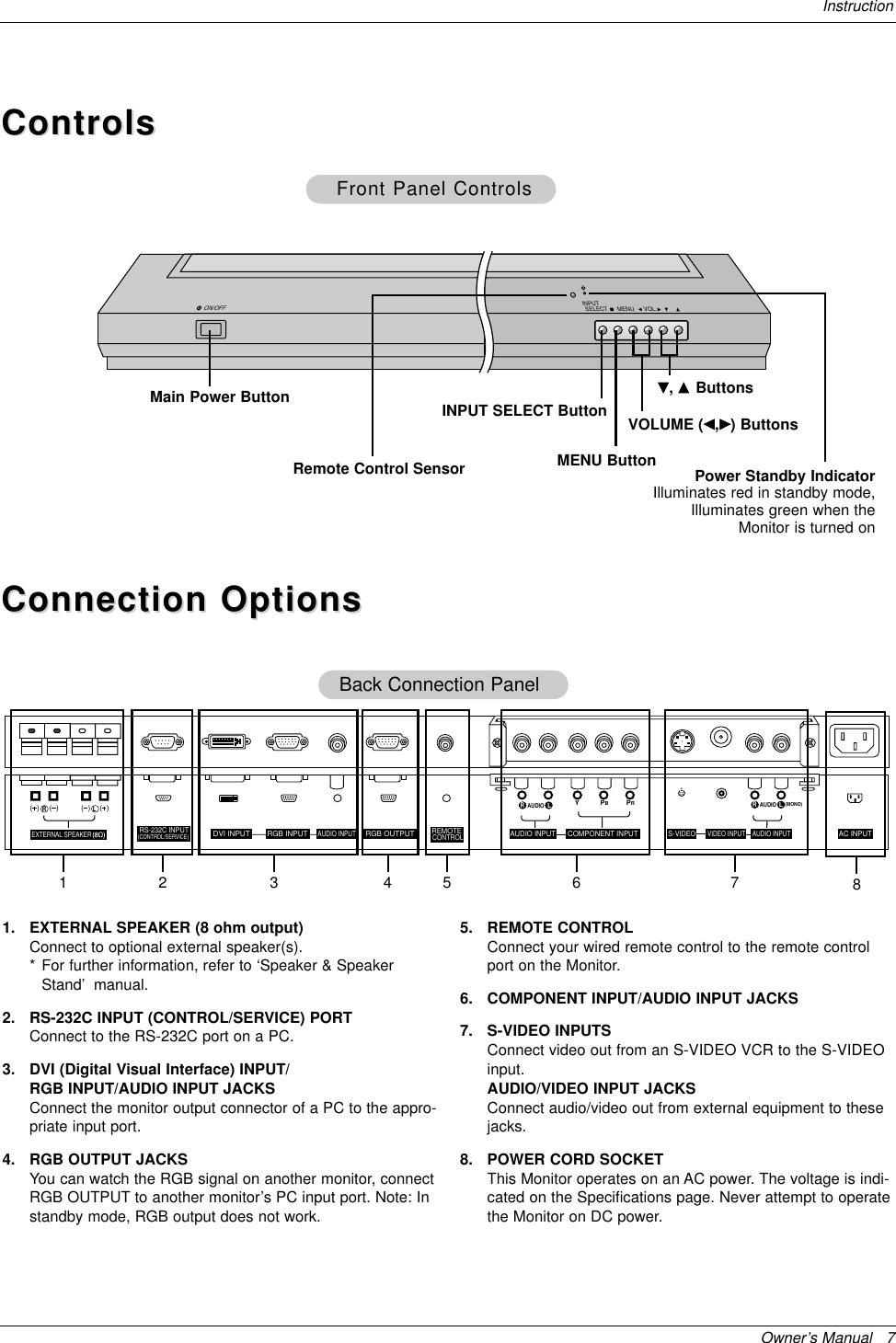Owner’s Manual   7InstructionControlsControlsConnection OptionsConnection OptionsR(  )(  )(  )(  )LRS-232C INPUT(CONTROL/SERVICE)EXTERNAL SPEAKERYPBPR(MONO)RAUDIOLRAUDIOLS-VIDEOAC INPUTAUDIO INPUTVIDEO INPUTAUDIO INPUTAUDIO INPUTREMOTECONTROLCOMPONENT INPUTDVI INPUT RGB INPUT RGB OUTPUT11. EXTERNAL SPEAKER (8 ohm output)Connect to optional external speaker(s).* For further information, refer to ‘Speaker &amp; SpeakerStand’manual.2. RS-232C INPUT (CONTROL/SERVICE) PORTConnect to the RS-232C port on a PC.3. DVI (Digital Visual Interface) INPUT/RGB INPUT/AUDIO INPUT JACKSConnect the monitor output connector of a PC to the appro-priate input port.4. RGB OUTPUT JACKSYou can watch the RGB signal on another monitor, connectRGB OUTPUT to another monitor’s PC input port. Note: Instandby mode, RGB output does not work.5. REMOTE CONTROLConnect your wired remote control to the remote controlport on the Monitor.6. COMPONENT INPUT/AUDIO INPUT JACKS7. S-VIDEO INPUTSConnect video out from an S-VIDEO VCR to the S-VIDEOinput.AUDIO/VIDEO INPUT JACKSConnect audio/video out from external equipment to thesejacks.8. POWER CORD SOCKETThis Monitor operates on an AC power. The voltage is indi-cated on the Specifications page. Never attempt to operatethe Monitor on DC power.Back Connection PanelVOL.MENUINPUT SELECTON/OFFMain Power Button INPUT SELECT Button VOLUME (F,G) ButtonsPower Standby IndicatorIlluminates red in standby mode,Illuminates green when theMonitor is turned onRemote Control Sensor MENU ButtonE, D ButtonsFront Panel ControlsFront Panel Controls2 4 53 7 86