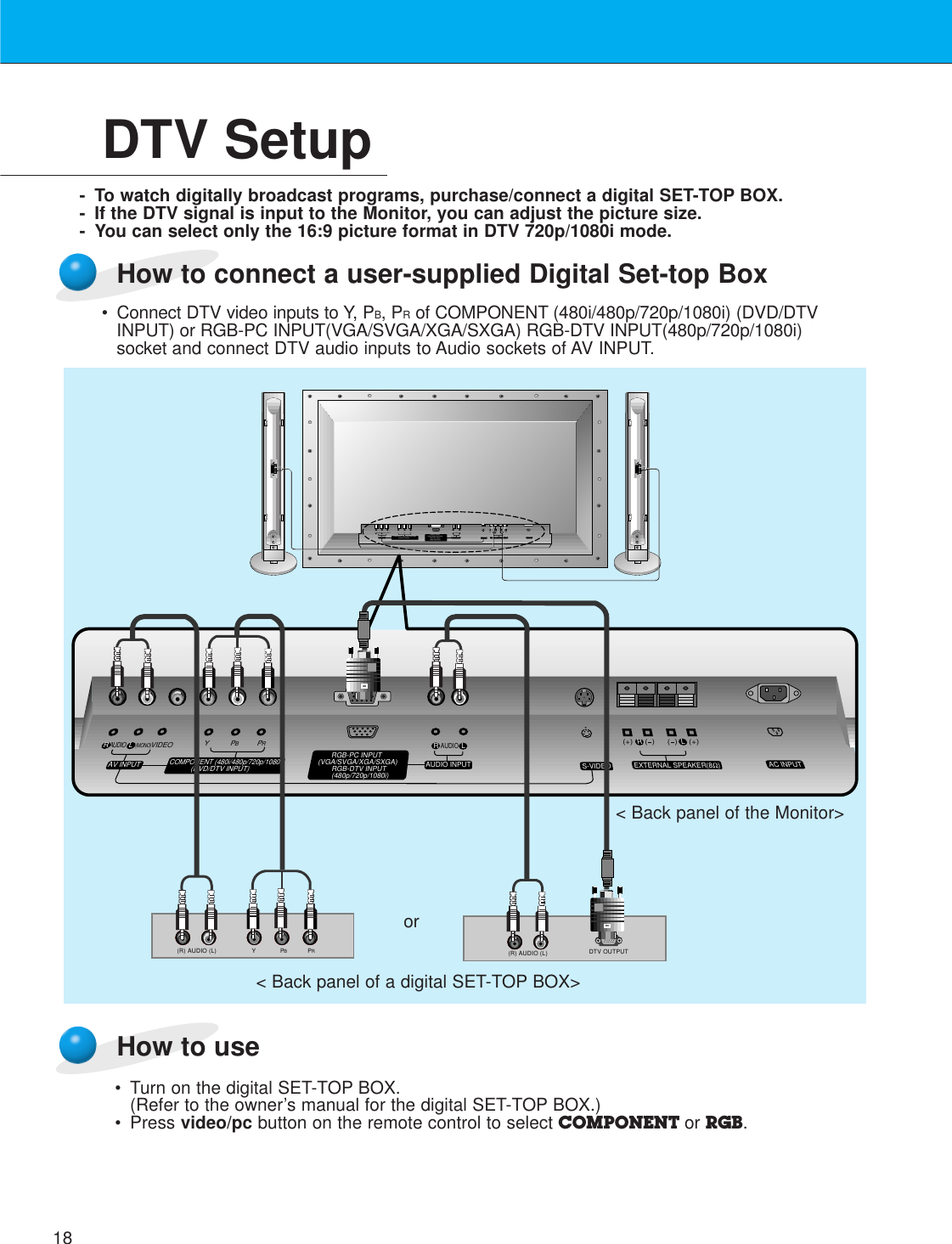 18DTV Setup- To watch digitally broadcast programs, purchase/connect a digital SET-TOP BOX.- If the DTV signal is input to the Monitor, you can adjust the picture size. - You can select only the 16:9 picture format in DTV 720p/1080i mode.How to connect a user-supplied Digital Set-top BoxHow to use(R) AUDIO (L)(R) AUDIO (L) Y PB RPDTV OUTPUT(+) (  ) (+)(  )AUDIO(MONO)R L VIDEO Y PB RPAV INPUTAUDIOR L RLEXTERNAL SPEAKER (8Ω) AC INPUTAUDIO INPUT S-VIDEOCOMPONENT (480i/480p/720p/1080i) RGB-PC INPUT(VGA/SVGA/XGA/SXGA)RGB-DTV INPUT(480p/720p/1080i)(DVD/DTV INPUT)(+) (  ) (+)(  )AUDIO(MONO)R LAV INPUTCOMPONENT (480i/480p/720p/1080i)(DVD/DTV INPUT)RGB-PC INPUTRAUDIO INPUTS-VIDEOEXTERNAL SPEAKER(8Ω)R LAC INPUTLAUDIO(VGA/SVGA/XGA/SXGA)RGB-DTV INPUT(480p/720p/1080i)VIDEO Y PBPR• Turn on the digital SET-TOP BOX.(Refer to the owner’s manual for the digital SET-TOP BOX.)• Press video/pc button on the remote control to select COMPONENT or RGB.&lt; Back panel of a digital SET-TOP BOX&gt;or•Connect DTV video inputs to Y, PB, PRof COMPONENT (480i/480p/720p/1080i) (DVD/DTVINPUT) or RGB-PC INPUT(VGA/SVGA/XGA/SXGA) RGB-DTV INPUT(480p/720p/1080i)socket and connect DTV audio inputs to Audio sockets of AV INPUT.&lt; Back panel of the Monitor&gt;