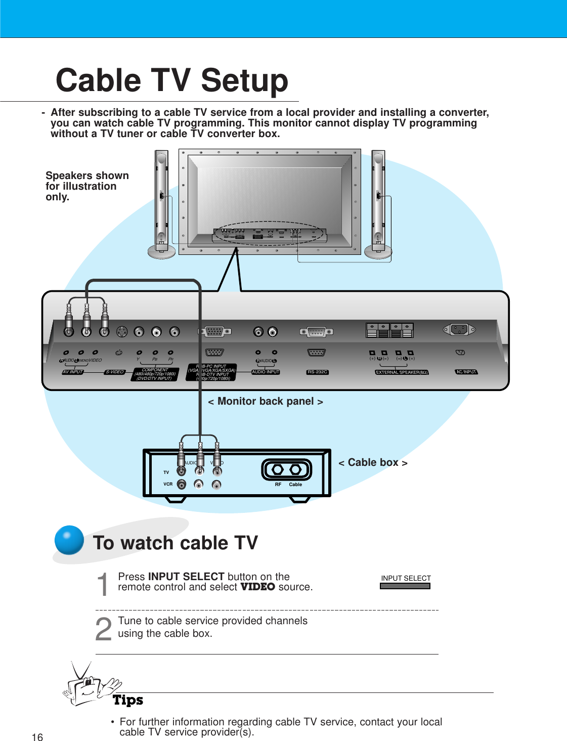 16Cable TV Setup- After subscribing to a cable TV service from a local provider and installing a converter,you can watch cable TV programming. This monitor cannot display TV programmingwithout a TV tuner or cable TV converter box.TVVCR RF Cable (R) AUDIO (L) VIDEO(+) (  ) (+)(  )AUDIO(MONO)R L VIDEO Y PB RPAV INPUTAUDIOR L RLEXTERNAL SPEAKER (8Ω) AC INPUTAUDIO INPUTS-VIDEO COMPONENT(480i/480p/720p/1080i)RGB-PC INPUT(VGA/SVGA/XGA/SXGA)RGB-DTV INPUT(480p/720p/1080i)(DVD/DTV INPUT)(+) (  ) (+)(  )AUDIO(MONO)R LAV INPUT S-VIDEOCOMPONENT(480i/480p/720p/1080i)(DVD/DTV INPUT)RGB-PC INPUTRAUDIO INPUTEXTERNAL SPEAKER(8Ω)R LAC INPUTLAUDIO(VGA/SVGA/XGA/SXGA)RGB-DTV INPUT(480p/720p/1080i)VIDEO YPBPRRS-232CRS-232CTo watch cable TVPress INPUT SELECT button on theremote control and select VIDEO source.1Tune to cable service provided channelsusing the cable box.2Tips•For further information regarding cable TV service, contact your localcable TV service provider(s).&lt; Monitor back panel &gt;&lt; Cable box &gt;Speakers shownfor illustrationonly.INPUT SELECT