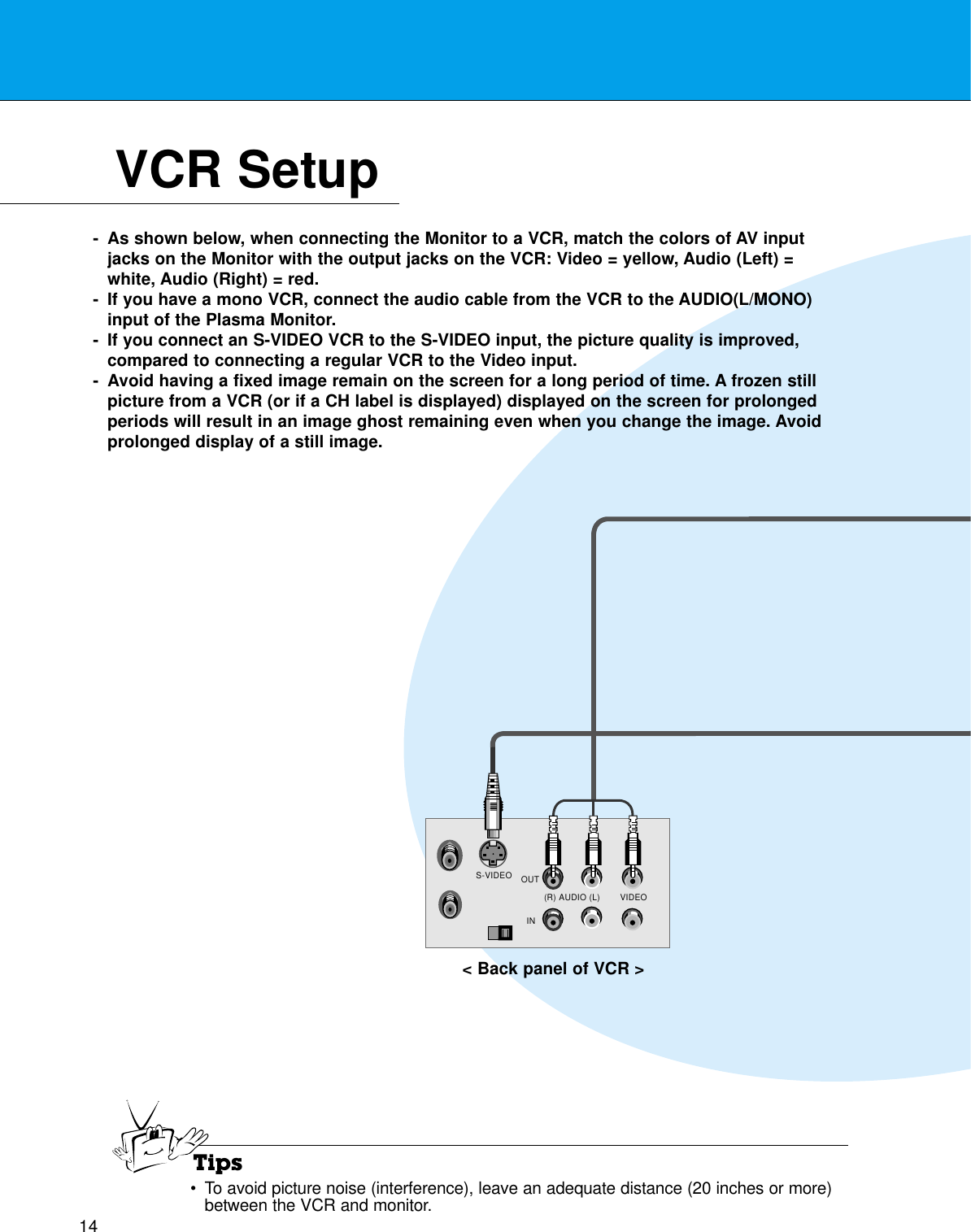 14VCR SetupTips•To avoid picture noise (interference), leave an adequate distance (20 inches or more)between the VCR and monitor.S-VIDEO OUTIN(R) AUDIO (L) VIDEO&lt; Back panel of VCR &gt;- As shown below, when connecting the Monitor to a VCR, match the colors of AV inputjacks on the Monitor with the output jacks on the VCR: Video = yellow, Audio (Left) =white, Audio (Right) = red.- If you have a mono VCR, connect the audio cable from the VCR to the AUDIO(L/MONO)input of the Plasma Monitor. - If you connect an S-VIDEO VCR to the S-VIDEO input, the picture quality is improved,compared to connecting a regular VCR to the Video input. - Avoid having a fixed image remain on the screen for a long period of time. A frozen stillpicture from a VCR (or if a CH label is displayed) displayed on the screen for prolongedperiods will result in an image ghost remaining even when you change the image. Avoidprolonged display of a still image.