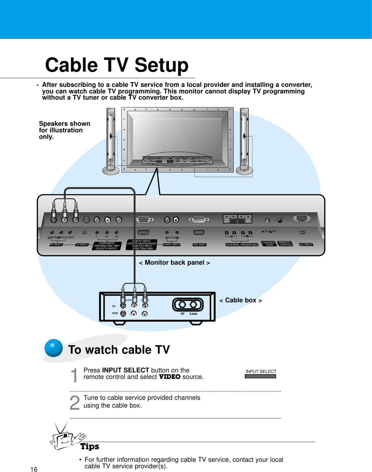 16Cable TV Setup- After subscribing to a cable TV service from a local provider and installing a converter,you can watch cable TV programming. This monitor cannot display TV programmingwithout a TV tuner or cable TV converter box.TVVCR RF Cable (R) AUDIO (L) VIDEO(+) (  ) (+)(  )AUDIO(MONO)RLVIDEO Y PBRPAV INPUTAUDIOON/ OFFRL RLEXTERNAL SPEAKER (8Ω) AC INPUTAUDIO INPUTS-VIDEO COMPONENT(480i/480p/720p/1080i)RGB-PC INPUT(VGA/SVGA/XGA/SXGA)RGB-DTV INPUT(480p/720p/1080i)(DVD/DTV INPUT)(+) (  ) (+)(  )AUDIO(MONO)RLAV INPUT S-VIDEOCOMPONENT(480i/480p/720p/1080i)(DVD/DTV INPUT)RGB-PC INPUTRAUDIO INPUTEXTERNAL SPEAKER(8Ω)RLAC INPUTLAUDIO(VGA/SVGA/XGA/SXGA)RGB-DTV INPUT(480p/720p/1080i)VIDEO YPBPRRS-232CRS-232CCONTROLLOCK REMOTECONTROLREMOTECONTROLCONTROLLOCKON/ OFFTo watch cable TVPress INPUT SELECT button on theremote control and select VIDEO source.1Tune to cable service provided channelsusing the cable box.2Tips•For further information regarding cable TV service, contact your localcable TV service provider(s).&lt; Monitor back panel &gt;&lt; Cable box &gt;Speakers shownfor illustrationonly.INPUT SELECT