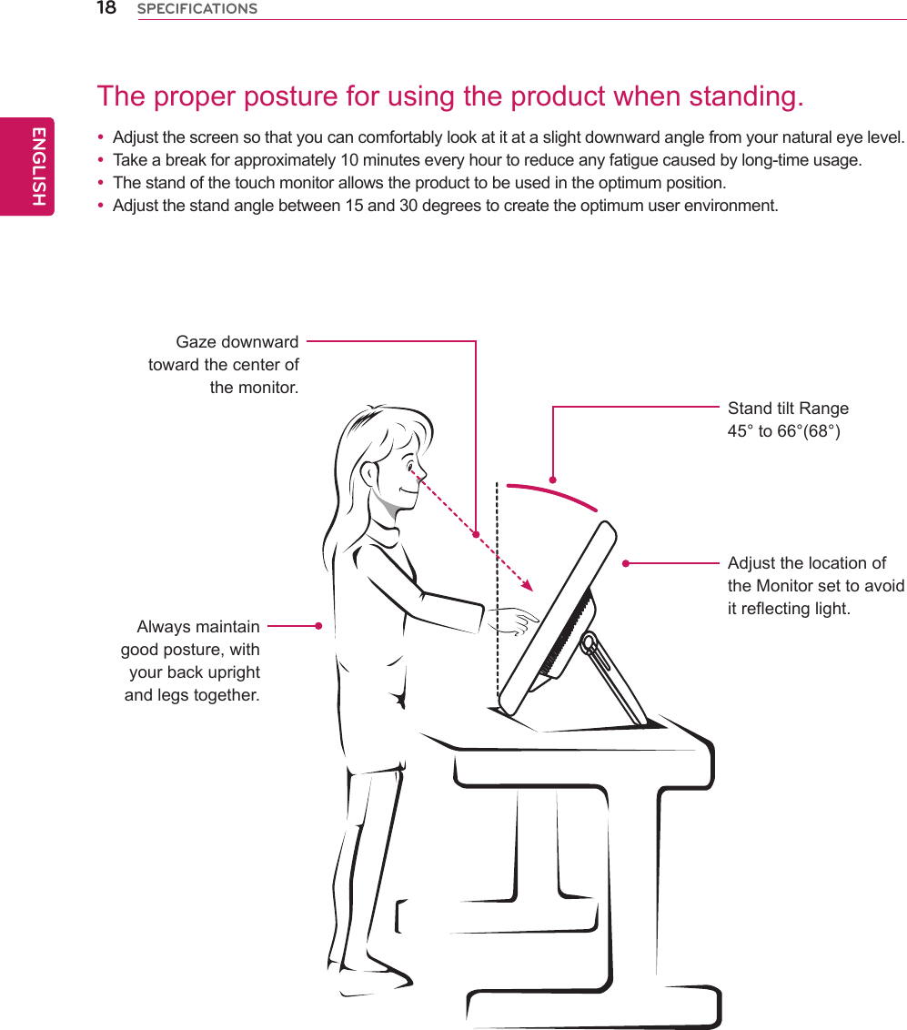 18ENGENGLISHSPECIFICATIONSThe proper posture for using the product when standing.Gaze downward toward the center of the monitor.Always maintain good posture, with your back upright and legs together.Stand tilt Range45° to 66°(68°)Adjust the location of the Monitor set to avoid it reflecting light. yAdjust the screen so that you can comfortably look at it at a slight downward angle from your natural eye level. yTake a break for approximately 10 minutes every hour to reduce any fatigue caused by long-time usage. yThe stand of the touch monitor allows the product to be used in the optimum position. yAdjust the stand angle between 15 and 30 degrees to create the optimum user environment.