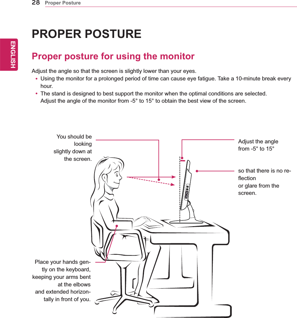 28ENGENGLISHProper PosturePROPER POSTUREProper posture for using the monitorAdjust the angle so that the screen is slightly lower than your eyes.y Using the monitor for a prolonged period of time can cause eye fatigue. Take a 10-minute break every hour.y The stand is designed to best support the monitor when the optimal conditions are selected.Adjust the angle of the monitor from -5° to 15° to obtain the best view of the screen.You should be lookingslightly down at the screen.Place your hands gen-tly on the keyboard,keeping your arms bent at the elbowsand extended horizon-tally in front of you.Adjust the anglefrom -5° to 15°so that there is no re-flectionor glare from the screen.
