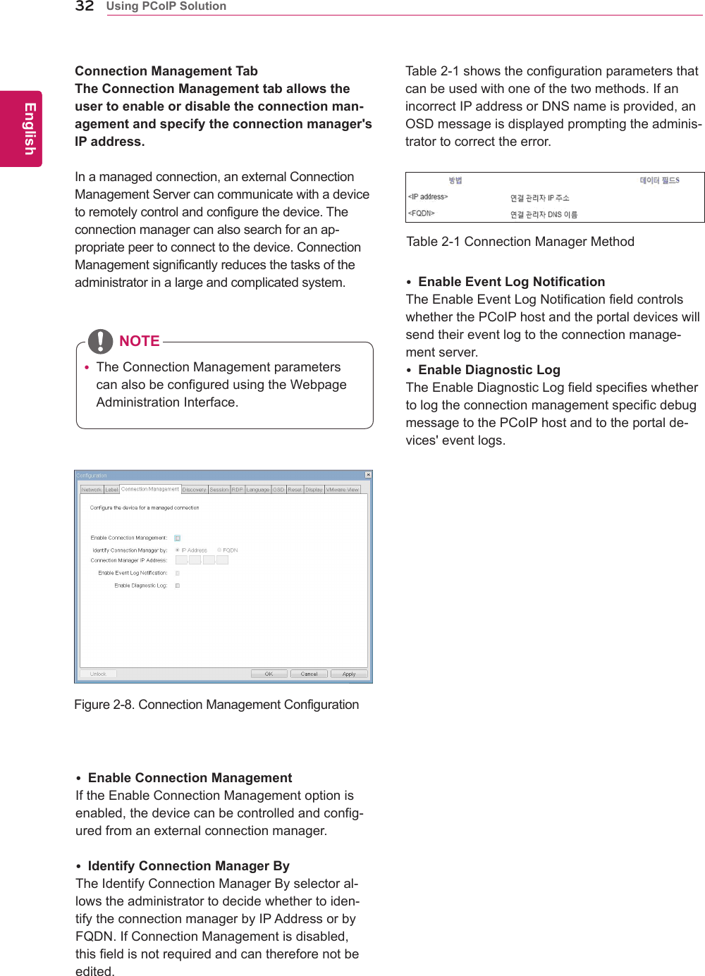 32ENGEnglishUsing PCoIP SolutionFigure2-8.ConnectionManagementConfigurationTable2-1ConnectionManagerMethodConnection Management TabThe Connection Management tab allows the user to enable or disable the connection man-agement and specify the connection manager's IP address.Inamanagedconnection,anexternalConnectionManagementServercancommunicatewithadevicetoremotelycontrolandconfigurethedevice.Theconnectionmanagercanalsosearchforanap-propriatepeertoconnecttothedevice.ConnectionManagementsignificantlyreducesthetasksoftheadministratorinalargeandcomplicatedsystem.Table2-1showstheconfigurationparametersthatcanbeusedwithoneofthetwomethods.IfanincorrectIPaddressorDNSnameisprovided,anOSDmessageisdisplayedpromptingtheadminis-tratortocorrecttheerror. TheConnectionManagementparameterscanalsobeconfiguredusingtheWebpageAdministrationInterface. Enable Connection ManagementIftheEnableConnectionManagementoptionisenabled,thedevicecanbecontrolledandconfig-uredfromanexternalconnectionmanager. Identify Connection Manager ByTheIdentifyConnectionManagerByselectoral-lowstheadministratortodecidewhethertoiden-tifytheconnectionmanagerbyIPAddressorbyFQDN.IfConnectionManagementisdisabled,thisfieldisnotrequiredandcanthereforenotbeedited. Enable Event Log NotificationTheEnableEventLogNotificationfieldcontrolswhetherthePCoIPhostandtheportaldeviceswillsendtheireventlogtotheconnectionmanage-mentserver. Enable Diagnostic LogTheEnableDiagnosticLogfieldspecifieswhethertologtheconnectionmanagementspecificdebugmessagetothePCoIPhostandtotheportalde-vices'eventlogs.NOTE
