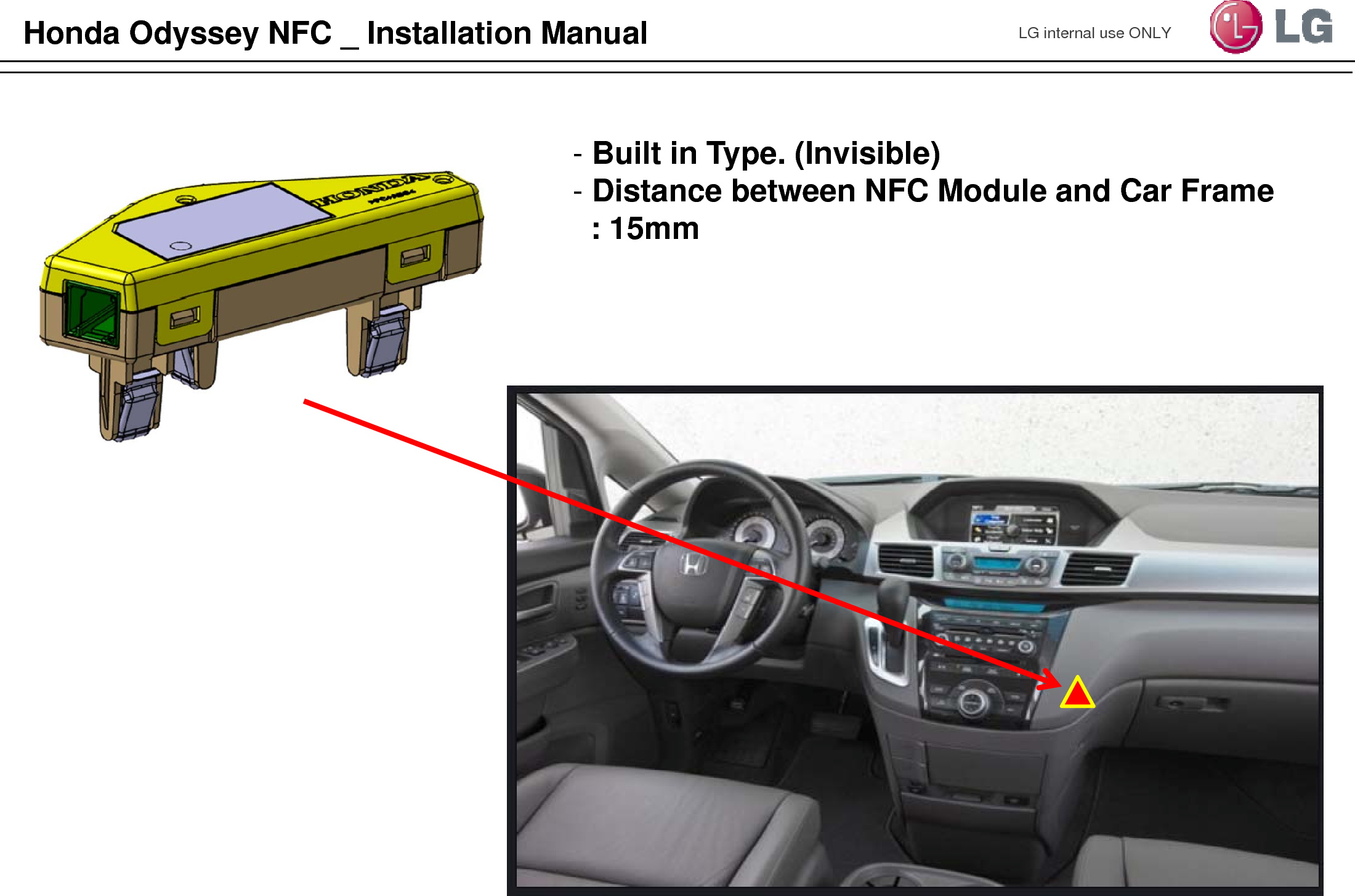 LG internal use ONLYHonda Odyssey NFC _ Installation Manual-Built in Type. (Invisible)-Distance between NFC Module and Car Frame: 15mm