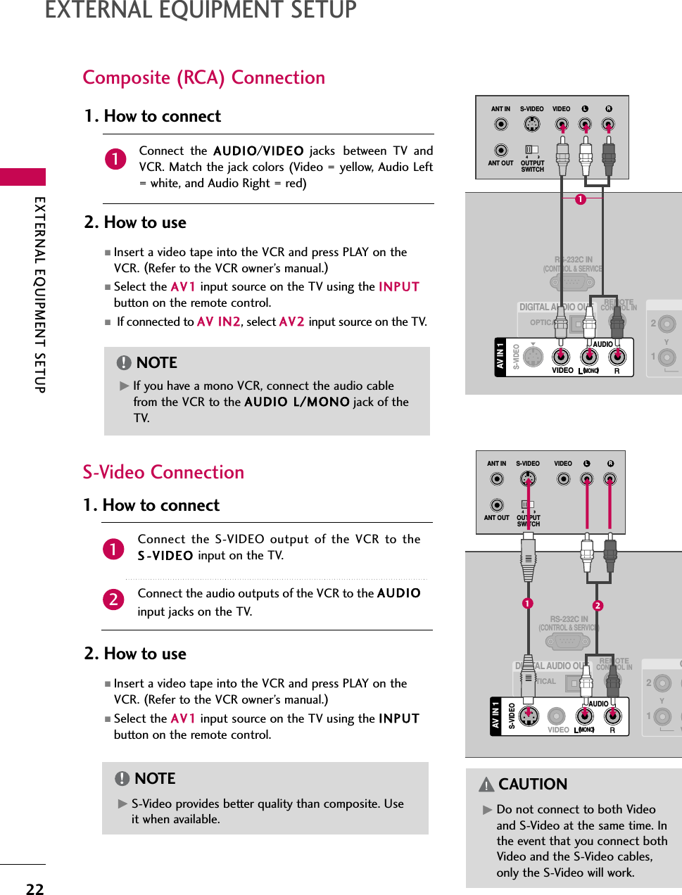 EXTERNAL EQUIPMENT SETUP22EXTERNAL EQUIPMENT SETUPComposite (RCA) ConnectionConnect the AUDIO/VIDEO jacks between TV andVCR. Match the jack colors (Video = yellow, Audio Left= white, and Audio Right = red)1. How to connect2. How to use■Insert a video tape into the VCR and press PLAY on theVCR. (Refer to the VCR owner’s manual.)■Select the AV1 input source on the TV using the INPUTbutton on the remote control.■If connected to AV IIN2, select AV2 input source on the TV.12. How to use■Insert a video tape into the VCR and press PLAY on theVCR. (Refer to the VCR owner’s manual.)■Select the AV1 input source on the TV using the INPUTbutton on the remote control.GIf you have a mono VCR, connect the audio cablefrom the VCR to the AUDIO LL/MONO jack of theTV.NOTE!REMOTECONTROL INRS-232C IN(CONTROL &amp; SERVICE)OPTICALDIGITAL AUDIO OUT12YAUDIOS-VIDEOAV IN 1MONO(                        )VIDEOL RS-VIDEO VIDEOOUTPUTSWITCHANT INANT OUT(            )1S-Video ConnectionConnect the S-VIDEO output of the VCR to theS-VIDEO input on the TV.Connect the audio outputs of the VCR to the AUDIOinput jacks on the TV.1. How to connect21(            )CREMOTECONTROL INRS-232C IN(CONTROL &amp; SERVICE)OPTICALDIGITAL AUDIO OUT12VYAUDIOS-VIDEOAV IN 1VIDEOMONO(                        )L RS-VIDEO VIDEOOUTPUTSWITCHANT INANT OUT12GDo not connect to both Videoand S-Video at the same time. Inthe event that you connect bothVideo and the S-Video cables,only the S-Video will work.CAUTIONGS-Video provides better quality than composite. Useit when available.NOTE!