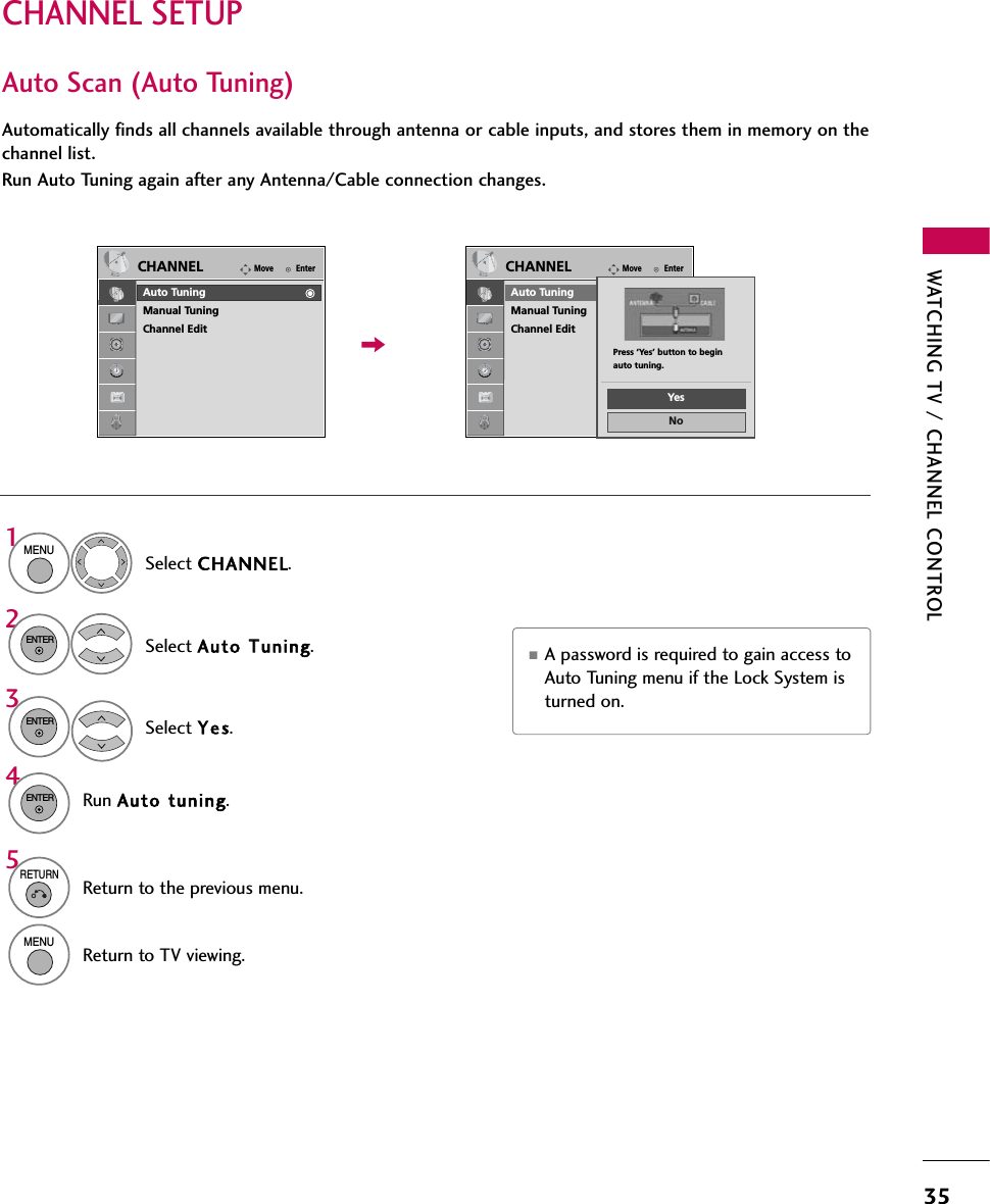 WATCHING TV / CHANNEL CONTROL35CHANNEL SETUPAuto Scan (Auto Tuning)Automatically finds all channels available through antenna or cable inputs, and stores them in memory on thechannel list. Run Auto Tuning again after any Antenna/Cable connection changes. Select CHANNEL.Select Auto TTuning.Select Yes.Run Auto ttuning.1MENU32ENTERENTER4ENTER■A password is required to gain access toAuto Tuning menu if the Lock System isturned on.5RETURNReturn to the previous menu.MENUReturn to TV viewing.EnterMoveCHANNELAuto TuningManual TuningChannel EditEnterMoveCHANNELAuto TuningManual TuningChannel EditPress ‘Yes’ button to beginauto tuning.YesNo