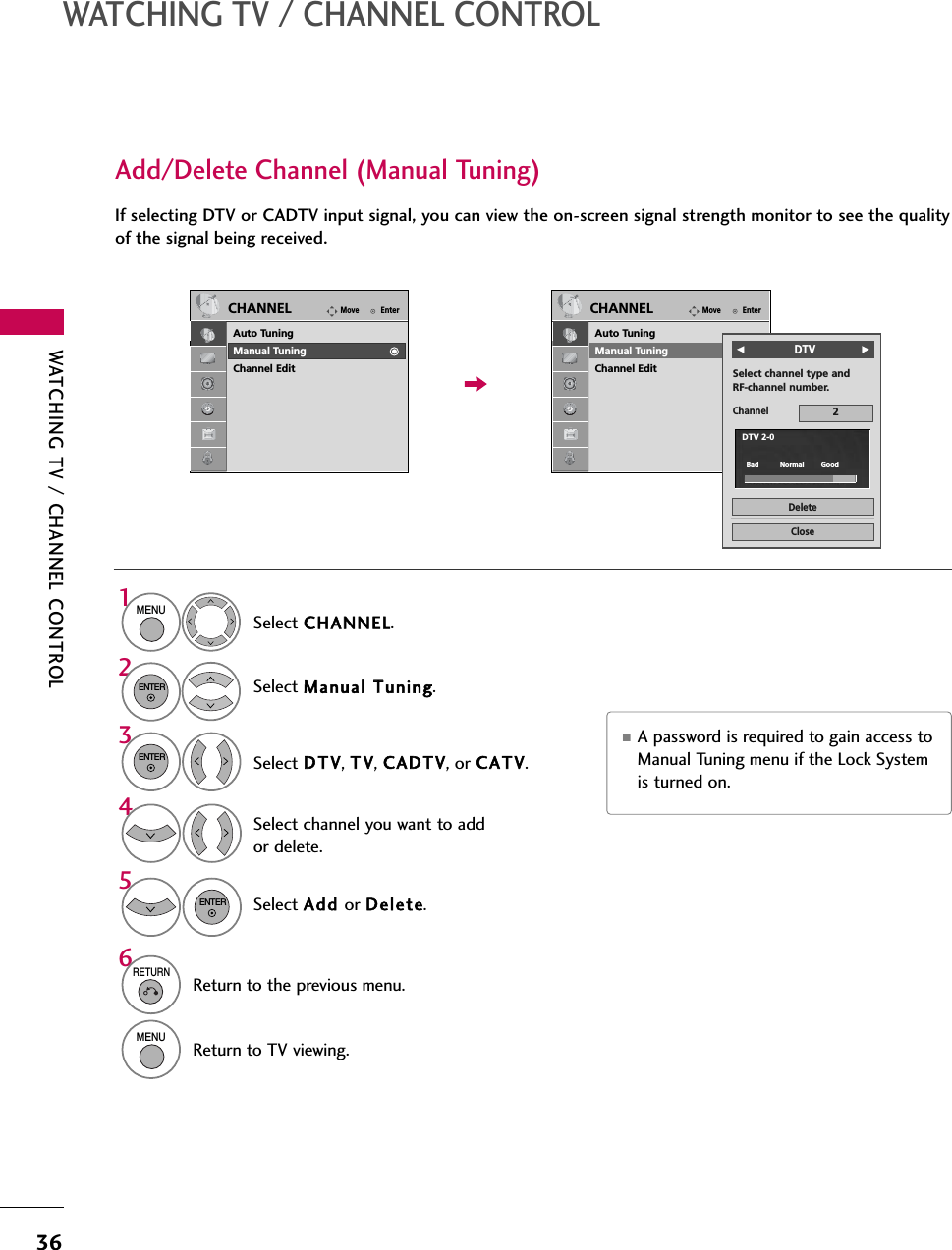 WATCHING TV / CHANNEL CONTROL36WATCHING TV / CHANNEL CONTROLSelect CHANNEL.1MENU2ENTERIf selecting DTV or CADTV input signal, you can view the on-screen signal strength monitor to see the qualityof the signal being received.Add/Delete Channel (Manual Tuning)Select Manual TTuning.Select DTV, T V, CADTV, or CATV.Select channel you want to addor delete.3ENTER4Select Ad d or Delete.5ENTER■A password is required to gain access toManual Tuning menu if the Lock Systemis turned on.6RETURNReturn to the previous menu.MENUReturn to TV viewing.EnterMoveCHANNELAuto TuningManual TuningChannel EditEnterMoveCHANNELAuto TuningManual TuningChannel EditChannelSelect channel type and RF-channel number.F       DTVG2CloseDeleteDTV 2-0Bad          Normal        Good