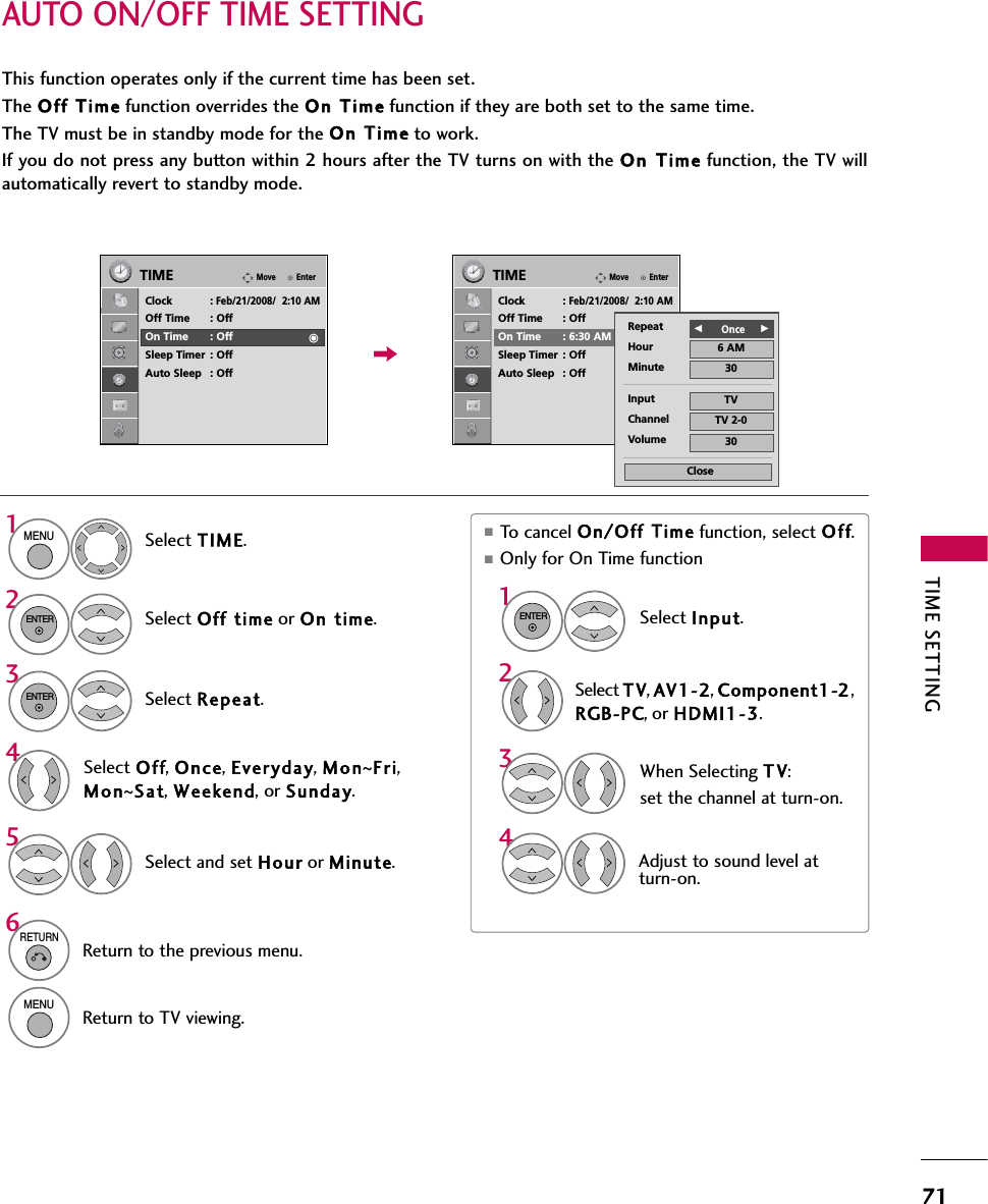 TIME SETTING71AUTO ON/OFF TIME SETTINGThis function operates only if the current time has been set.The Off TTime function overrides the On TTime function if they are both set to the same time.The TV must be in standby mode for the On TTime to work.If you do not press any button within 2 hours after the TV turns on with the On TTime function, the TV willautomatically revert to standby mode.■To cancel On/Off TTime function, select Off.■Only for On Time function Select Input.Select TV, AV1-2, Component1-2,RGB-PC, or HDMI1-3.Select TIME.Select Off ttime or On ttime.Select Repeat.1MENU32ENTERENTERSelect Off, Once, Everyday, Mon~Fri,Mon~Sat, Weekend, or Sunday.4Select and set Hour or Minute.51ENTER342When Selecting T V:set the channel at turn-on.Adjust to sound level atturn-on.6RETURNReturn to the previous menu.MENUReturn to TV viewing.EnterMoveTIMEClock :Feb/21/2008/  2:10 AMOff Time : OffOn Time : OffSleep Timer : OffAuto Sleep : OffEnterMoveTIMEClock :Feb/21/2008/  2:10 AMOff Time : OffOn Time : 6:30 AM (Once)Sleep Timer : OffAuto Sleep : OffRepeat F     OnceGHour 6 AMMinute 30Input TVChannel TV 2-0Volume 30Close