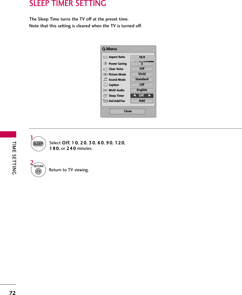 TIME SETTING72SLEEP TIMER SETTINGThe Sleep Time turns the TV off at the preset time.Note that this setting is cleared when the TV is turned off.Q.MenuClose316:9VividOffStandardOffEnglishFOff     GAddAspect RatioPower SavingClear VoicePicture ModeSound ModeCaptionMulti AudioSleep TimerDel/Add/FavCH1SLEEPSelect Off, 1 0, 2 0, 3 0, 6 0, 9 0, 120,180, or 240 minutes.2RETURNReturn to TV viewing.