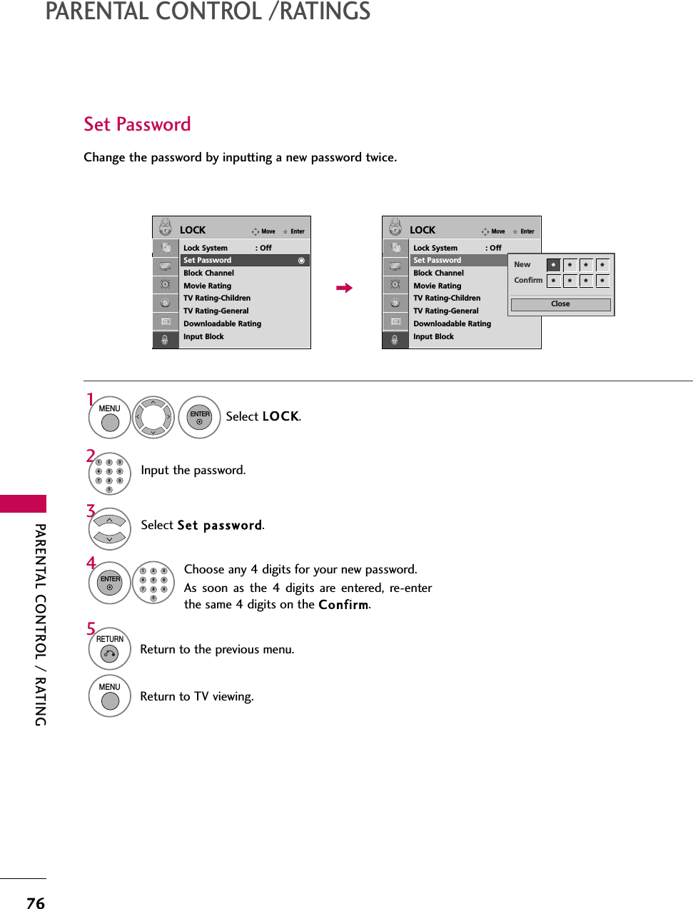 PARENTAL CONTROL / RATING76PARENTAL CONTROL /RATINGSChange the password by inputting a new password twice. Set PasswordSelect Set ppassword.Choose any 4 digits for your new password.As soon as the 4 digits are entered, re-enterthe same 4 digits on the Confirm.43ENTER1456780923Select LOCK.1MENUENTERInput the password.214567809235RETURNReturn to the previous menu.MENUReturn to TV viewing.EnterMoveLOCKLock System            : OffSet PasswordBlock ChannelMovie RatingTV Rating-ChildrenTV Rating-GeneralDownloadable RatingInput BlockEnterMoveLOCKLock System            : OffSet PasswordBlock ChannelMovie RatingTV Rating-ChildrenTV Rating-GeneralDownloadable RatingInput BlockCloseNew ** * *Confirm * * * *