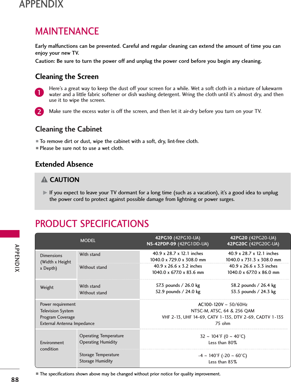 APPENDIX88APPENDIXMAINTENANCEEarly malfunctions can be prevented. Careful and regular cleaning can extend the amount of time you canenjoy your new TV. Caution: Be sure to turn the power off and unplug the power cord before you begin any cleaning.Cleaning the ScreenHere’s a great way to keep the dust off your screen for a while. Wet a soft cloth in a mixture of lukewarmwater and a little fabric softener or dish washing detergent. Wring the cloth until it’s almost dry, and thenuse it to wipe the screen.Make sure the excess water is off the screen, and then let it air-dry before you turn on your TV.Cleaning the Cabinet■To remove dirt or dust, wipe the cabinet with a soft, dry, lint-free cloth.■Please be sure not to use a wet cloth.Extended AbsenceG If you expect to leave your TV dormant for a long time (such as a vacation), it’s a good idea to unplugthe power cord to protect against possible damage from lightning or power surges.CAUTION21■The specifications shown above may be changed without prior notice for quality improvement.MODELAC100-120V ~ 50/60HzNTSC-M, ATSC, 64 &amp; 256 QAMVHF 2-13, UHF 14-69, CATV 1-135, DTV 2-69, CADTV 1-13575 ohm32  ~ 104°F (0 ~40°C)Less than 80%-4 ~ 140°F (-20 ~60°C)Less than 85%Dimensions(Width x Height x Depth)WeightPower requirementTelevision SystemProgram CoverageExternal Antenna ImpedanceEnvironment conditionWith standWithout standWith standWithout standOperating TemperatureOperating HumidityStorage TemperatureStorage Humidity42PG10 (42PG10-UA)NS-42PDP-09 (42PG1DD-UA)40.9 x 28.7 x 12.1 inches1040.0 x 729.0 x 308.0 mm40.9 x 26.6 x 3.2 inches1040.0 x 677.0 x 83.6 mm57.3 pounds / 26.0 kg52.9 pounds / 24.0 kg42PG20 (42PG20-UA)42PG20C (42PG20C-UA)40.9 x 28.7 x 12.1 inches1040.0 x 731.3 x 308.0 mm40.9 x 26.6 x 3.3 inches1040.0 x 677.0 x 86.0 mm58.2 pounds / 26.4 kg53.5 pounds / 24.3 kgPRODUCT SPECIFICATIONS