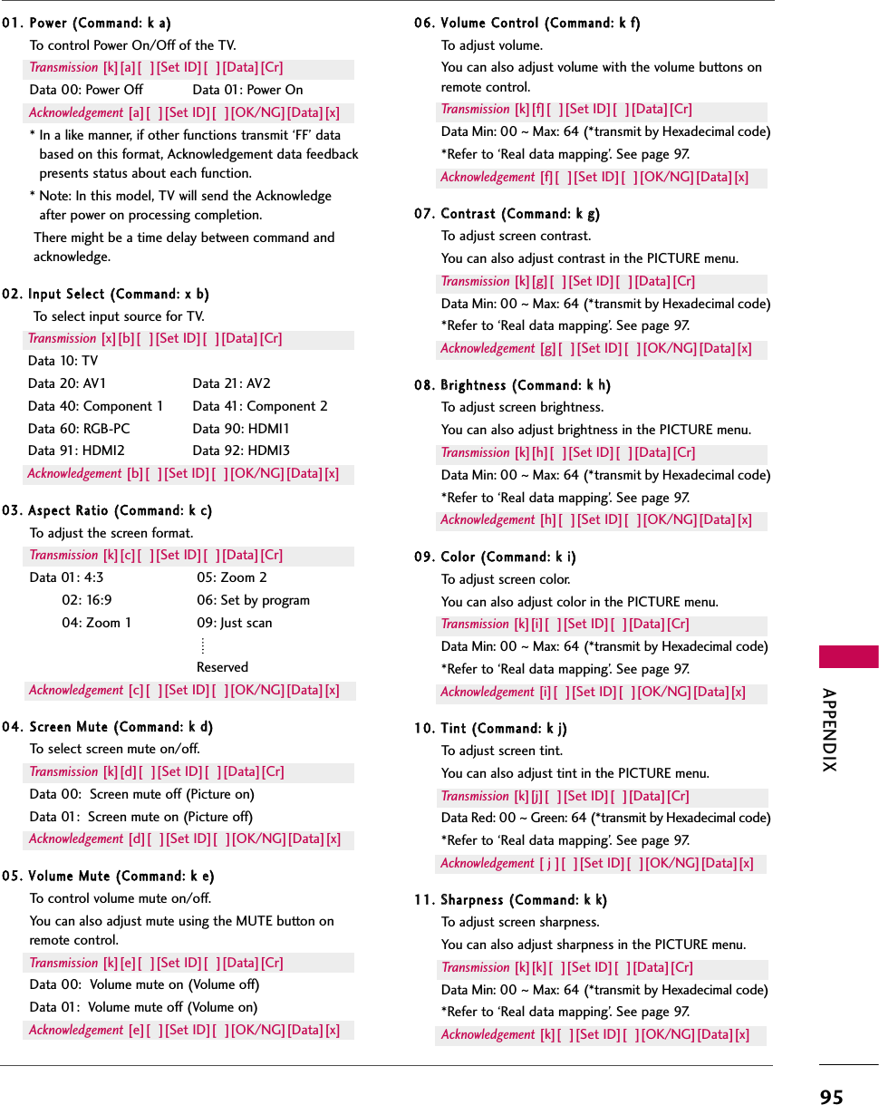 APPENDIX9501. Power ((Command: kk aa)To control Power On/Off of the TV.Transmission [k][a][  ][Set ID][  ][Data][Cr]Data 00: Power Off Data 01: Power OnAcknowledgement [a][  ][Set ID][  ][OK/NG][Data][x]* In a like manner, if other functions transmit ‘FF’ databased on this format, Acknowledgement data feedbackpresents status about each function.* Note: In this model, TV will send the Acknowledgeafter power on processing completion.There might be a time delay between command andacknowledge.02. IInput SSelect ((Command: xx bb)To select input source for TV. Transmission [x][b][  ][Set ID][  ][Data][Cr]Data 10: TVData 20: AV1 Data 21: AV2Data 40: Component 1 Data 41: Component 2Data 60: RGB-PC Data 90: HDMI1Data 91: HDMI2 Data 92: HDMI3Acknowledgement [b][  ][Set ID][  ][OK/NG][Data][x]03. AAspect RRatio ((Command: kk cc)To adjust the screen format.Transmission [k][c][  ][Set ID][  ][Data][Cr]Data 01: 4:3 05: Zoom 202: 16:9 06: Set by program04: Zoom 1 09: Just scanReservedAcknowledgement [c][  ][Set ID][  ][OK/NG][Data][x]04. Screen MMute ((Command: kk dd)To select screen mute on/off.Transmission [k][d][  ][Set ID][  ][Data][Cr]Data 00:  Screen mute off (Picture on)Data 01:  Screen mute on (Picture off)Acknowledgement [d][  ][Set ID][  ][OK/NG][Data][x]05. VVolume MMute ((Command: kk ee)To control volume mute on/off.You can also adjust mute using the MUTE button onremote control.Transmission [k][e][  ][Set ID][  ][Data][Cr]Data 00:  Volume mute on (Volume off)Data 01:  Volume mute off (Volume on)Acknowledgement [e][  ][Set ID][  ][OK/NG][Data][x]06. VVolume CControl ((Command: kk ff)To adjust volume.You can also adjust volume with the volume buttons onremote control.Transmission [k][f][  ][Set ID][  ][Data][Cr]Data Min: 00 ~Max: 64 (*transmit by Hexadecimal code)*Refer to ‘Real data mapping’. See page 97.Acknowledgement [f][  ][Set ID][  ][OK/NG][Data][x]07. CContrast ((Command: kk gg)To adjust screen contrast. You can also adjust contrast in the PICTURE menu.Transmission [k][g][  ][Set ID][  ][Data][Cr]Data Min: 00 ~Max: 64 (*transmit by Hexadecimal code)*Refer to ‘Real data mapping’. See page 97.Acknowledgement [g][  ][Set ID][  ][OK/NG][Data][x]08. BBrightness ((Command: kk hh)To adjust screen brightness.You can also adjust brightness in the PICTURE menu.Transmission [k][h][  ][Set ID][  ][Data][Cr]Data Min: 00 ~Max: 64 (*transmit by Hexadecimal code)*Refer to ‘Real data mapping’. See page 97.Acknowledgement [h][  ][Set ID][  ][OK/NG][Data][x]09. CColor ((Command: kk ii)To adjust screen color.You can also adjust color in the PICTURE menu.Transmission [k][i][  ][Set ID][  ][Data][Cr]Data Min: 00 ~Max: 64 (*transmit by Hexadecimal code)*Refer to ‘Real data mapping’. See page 97.Acknowledgement [i][  ][Set ID][  ][OK/NG][Data][x]10. TTint ((Command: kk jj)To adjust screen tint.You can also adjust tint in the PICTURE menu.Transmission [k][j][  ][Set ID][  ][Data][Cr]Data Red: 00 ~Green: 64 (*transmit by Hexadecimal code)*Refer to ‘Real data mapping’. See page 97.Acknowledgement [ j ][  ][Set ID][  ][OK/NG][Data][x]11. SSharpness ((Command: kk kk)To adjust screen sharpness.You can also adjust sharpness in the PICTURE menu.Transmission [k][k][  ][Set ID][  ][Data][Cr]Data Min: 00 ~Max: 64 (*transmit by Hexadecimal code)*Refer to ‘Real data mapping’. See page 97.Acknowledgement [k][  ][Set ID][  ][OK/NG][Data][x]