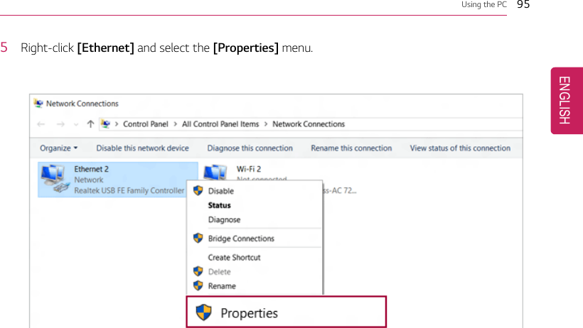 Using the PC 955Right-click [Ethernet] and select the [Properties] menu.ENGLISH
