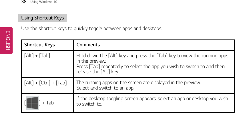 38 Using Windows 10Using Shortcut KeysUse the shortcut keys to quickly toggle between apps and desktops.Shortcut Keys Comments[Alt] + [Tab] Hold down the [Alt] key and press the [Tab] key to view the running appsin the preview.Press [Tab] repeatedly to select the app you wish to switch to and thenrelease the [Alt] key.[Alt] + [Ctrl] + [Tab] The running apps on the screen are displayed in the preview.Select and switch to an app.[] + Tab If the desktop toggling screen appears, select an app or desktop you wishto switch to.ENGLISH