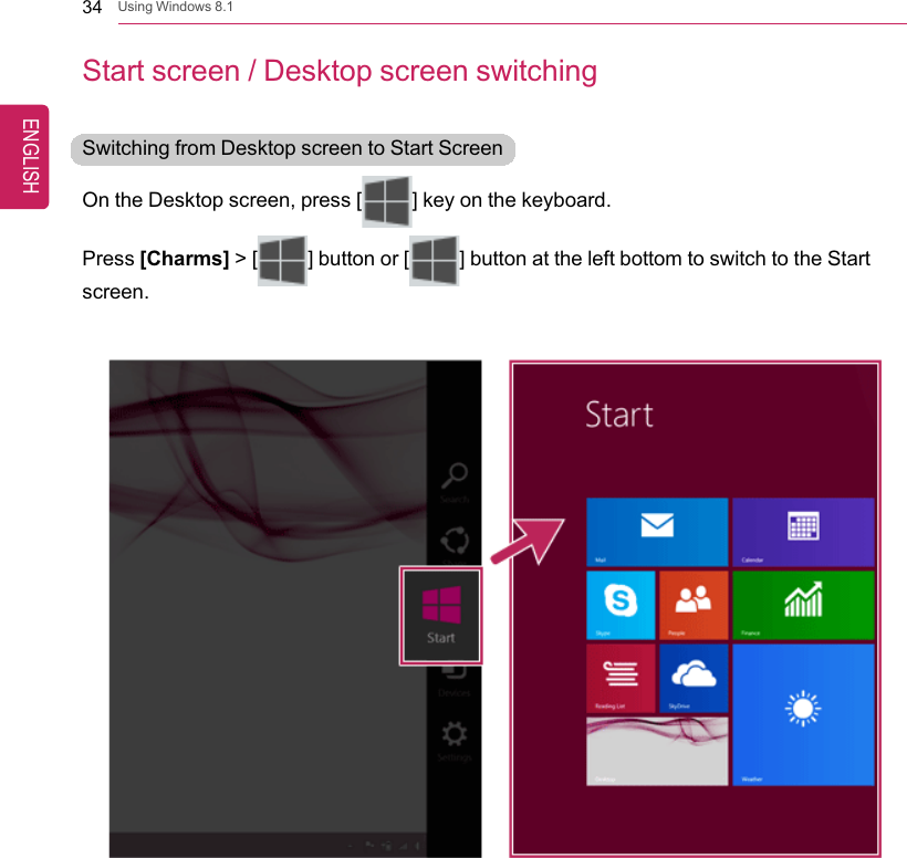 34 Using Windows 8.1Start screen / Desktop screen switchingSwitching from Desktop screen to Start ScreenOn the Desktop screen, press [] key on the keyboard.Press [Charms] &gt; [ ] button or [ ] button at the left bottom to switch to the Startscreen.ENGLISH