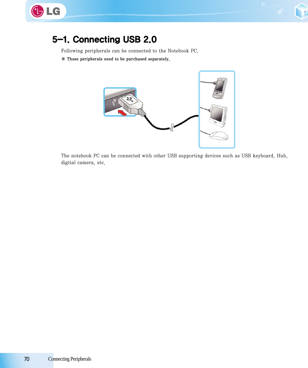 70            Connecting Peripherals5-1. Connecting USB 2.0Following peripherals can be connected to the Notebook PC. ※ Those peripherals need to be purchased separately.The notebook PC can be connected with other USB supporting devices such as USB keyboard, Hub,digital camera, etc. 