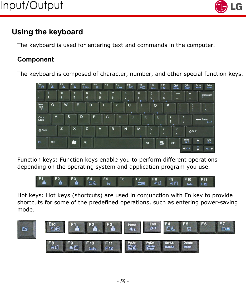     Input/Output  Using the keyboard The keyboard is used for entering text and commands in the computer.  Component  The keyboard is composed of character, number, and other special function keys.            Function keys: Function keys enable you to perform different operations depending on the operating system and application program you use.    Hot keys: Hot keys (shortcuts) are used in conjunction with Fn key to provide shortcuts for some of the predefined operations, such as entering power-saving mode.             - 59 -                           