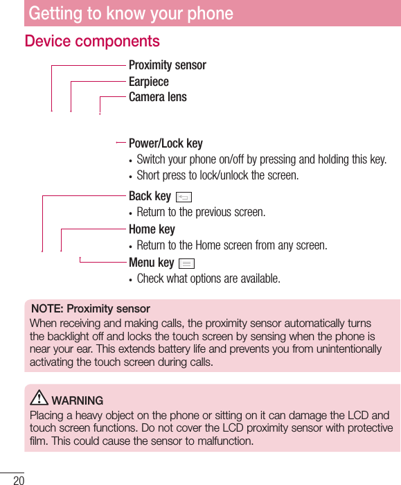 20Device componentsEarpieceProximity sensorHome key• Return to the Home screen from any screen.Back key • Return to the previous screen.Power/Lock key• Switch your phone on/off by pressing and holding this key.• Short press to lock/unlock the screen.Menu key • Check what options are available.Camera lensNOTE: Proximity sensor When receiving and making calls, the proximity sensor automatically turns the backlight off and locks the touch screen by sensing when the phone is near your ear. This extends battery life and prevents you from unintentionally activating the touch screen during calls. WARNINGPlacing a heavy object on the phone or sitting on it can damage the LCD and touch screen functions. Do not cover the LCD proximity sensor with protective film. This could cause the sensor to malfunction.Getting to know your phone