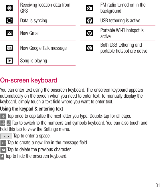 31Receiving location data from GPSFM radio turned on in the backgroundData is syncing USB tethering is activeNew Gmail Portable Wi-Fi hotspot is activeNew Google Talk message Both USB tethering and portable hotspot are activeSong is playingOn-screen keyboardYou can enter text using the onscreen keyboard. The onscreen keyboard appears automatically on the screen when you need to enter text. To manually display the keyboard, simply touch a text field where you want to enter text.Using the keypad &amp; entering text Tap once to capitalise the next letter you type. Double-tap for all caps.  Tap to switch to the numbers and symbols keyboard. You can also touch and hold this tab to view the Settings menu. Tap to enter a space. Tap to create a new line in the message field. Tap to delete the previous character. Tap to hide the onscreen keyboard.