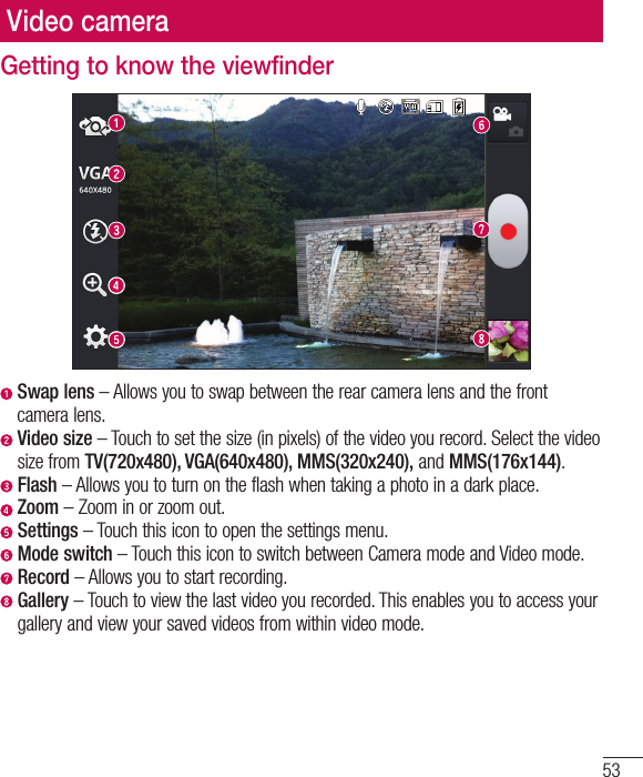 53Video cameraGetting to know the viewfinder  Swap lens – Allows you to swap between the rear camera lens and the front camera lens.  Video size – Touch to set the size (in pixels) of the video you record. Select the video size from TV(720x480), VGA(640x480), MMS(320x240), and MMS(176x144).  Flash – Allows you to turn on the flash when taking a photo in a dark place.  Zoom – Zoom in or zoom out.  Settings – Touch this icon to open the settings menu.  Mode switch – Touch this icon to switch between Camera mode and Video mode.  Record – Allows you to start recording.  Gallery – Touch to view the last video you recorded. This enables you to access your gallery and view your saved videos from within video mode.