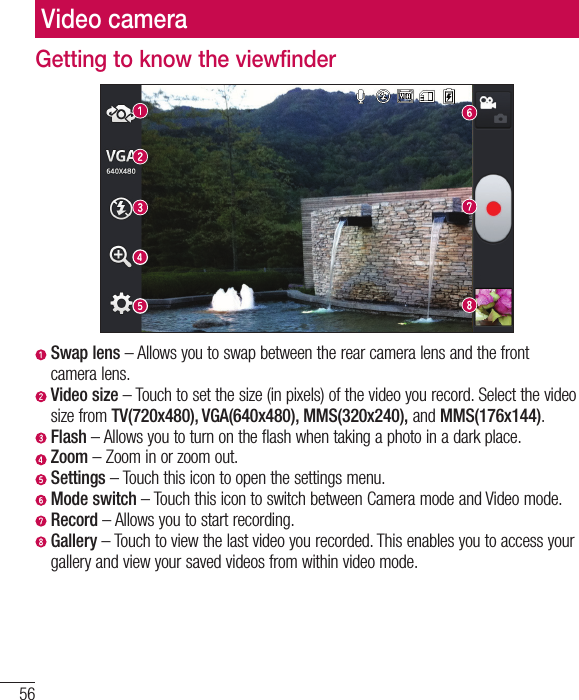 56Video cameraGetting to know the viewfinder  Swap lens – Allows you to swap between the rear camera lens and the front camera lens.  Video size – Touch to set the size (in pixels) of the video you record. Select the video size from TV(720x480), VGA(640x480), MMS(320x240), and MMS(176x144).  Flash – Allows you to turn on the flash when taking a photo in a dark place.  Zoom – Zoom in or zoom out.  Settings – Touch this icon to open the settings menu.  Mode switch – Touch this icon to switch between Camera mode and Video mode.  Record – Allows you to start recording.  Gallery – Touch to view the last video you recorded. This enables you to access your gallery and view your saved videos from within video mode.