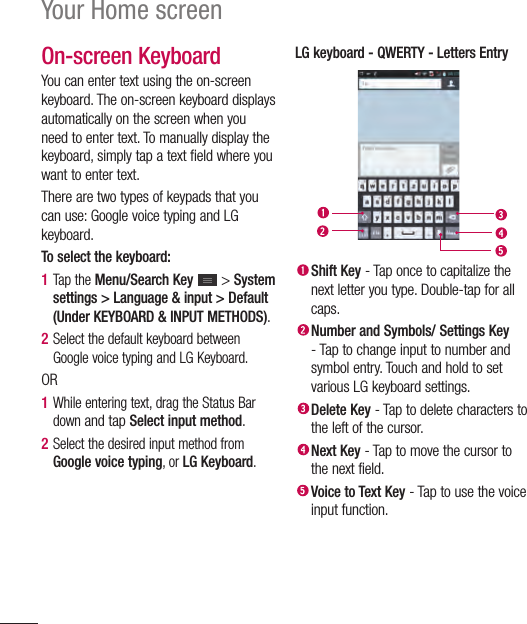 56Your Home screenOn-screen KeyboardYou can enter text using the on-screen keyboard. The on-screen keyboard displays automatically on the screen when you need to enter text. To manually display the keyboard, simply tap a text field where you want to enter text.There are two types of keypads that you can use: Google voice typing and LG keyboard.To select the keyboard:1  Tap the Menu/Search Key  &gt; System settings &gt; Language &amp; input &gt; Default (Under KEYBOARD &amp; INPUT METHODS).2  Select the default keyboard between Google voice typing and LG Keyboard.OR1  While entering text, drag the Status Bar down and tap Select input method.2  Select the desired input method from Google voice typing, or LG Keyboard.LG keyboard - QWERTY - Letters Entry Shift Key - Tap once to capitalize the next letter you type. Double-tap for all caps.  Number and Symbols/ Settings Key - Tap to change input to number and symbol entry. Touch and hold to set various LG keyboard settings. Delete Key - Tap to delete characters to the left of the cursor.  Next Key - Tap to move the cursor to the next field. Voice to Text Key - Tap to use the voice input function.