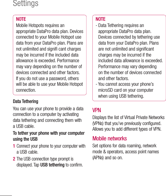 114SettingsNOTEMobile Hotspots requires an appropriate DataPro data plan. Devices connected to your Mobile Hotspot use data from your DataPro plan. Plans are not unlimited and signiﬁ  cant charges may be incurred if the included data allowance is exceeded. Performance may vary depending on the number of devices connected and other factors. If you do not use a password, others will be able to use your Mobile Hotspot connection.Data TetheringYou can use your phone to provide a data connection to a computer by activating data tethering and connecting them with a USB cable.To tether your phone with your computer using the USB1  Connect your phone to your computer with a USB cable.2  The USB connection type prompt is displayed. Tap USB tethering to confirm.NOTE-  Data Tethering requires an appropriate DataPro data plan. Devices connected by tethering use data from your DataPro plan. Plans are not unlimited and signiﬁ cant charges may be incurred if the included data allowance is exceeded. Performance may vary depending on the number of devices connected and other factors.-  You cannot access your phone’s microSD card on your computer when using USB tethering.VPNDisplays the list of Virtual Private Networks (VPNs) that you’ve previously configured. Allows you to add different types of VPN.Mobile networks Set options for data roaming, network mode &amp; operators, access point names (APNs) and so on.