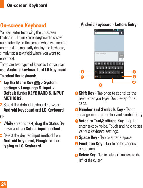 24On-screen KeyboardYou can enter text using the on-screen keyboard. The on-screen keyboard displays automatically on the screen when you need to enter text. To manually display the keyboard, simply tap a text field where you want to enter text.There are two types of keypads that you can use:Android keyboardandLG keyboard. To select the keyboard:1Tap the Menu Key &gt;System settings &gt; Language &amp; input &gt; Default (Under KEYBOARD &amp; INPUT METHODS).2Select the default keyboard between Android keyboard and LG Keyboard.OR1While entering text, drag the Status Bar down and tap Select input method.2Select the desired input method from Android keyboard, Google voice typing or LG Keyboard.Android keyboard - Letters Entry Shift  Key  - Tap once to capitalize the next letter you type. Double-tap for all caps. Number and Symbols Key - Tap to change input to number and symbol entry. Voice to Text/Settings Key - Tap to enter text by voice. Touch and hold to set various keyboard settings.Space Key - Tap to enter a space.  Emoticon  Key - Tap to enter various emoticons.Delete Key - Tap to delete characters to the left of the cursor.On-screen Keyboard