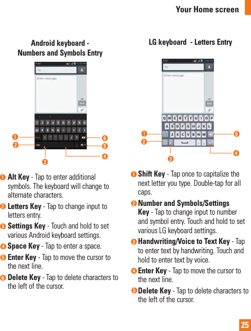 25Android keyboard - Numbers and Symbols Entry Alt Key - Tap to enter additional symbols. The keyboard will change to alternate characters. Letters  Key  - Tap to change input to letters entry. Settings  Key  - Touch and hold to set various Android keyboard settings. Space  Key  - Tap to enter a space. Enter  Key  - Tap to move the cursor to the next line. Delete  Key  - Tap to delete characters to the left of the cursor.LG keyboard  - Letters Entry Shift Key - Tap once to capitalize the next letter you type. Double-tap for all caps.  Number and Symbols/Settings Key - Tap to change input to number and symbol entry. Touch and hold to set various LG keyboard settings. Handwriting/Voice to Text Key - Tap to enter text by handwriting. Touch and hold to enter text by voice. Enter  Key  - Tap to move the cursor to the next line.  Delete  Key  - Tap to delete characters to the left of the cursor.Your Home screen