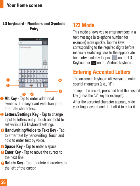 26LG keyboard - Numbers and Symbols Entry Alt Key - Tap to enter additional symbols. The keyboard will change to alternate characters. Letters/Settings  Key  - Tap to change input to letters entry. Touch and hold to set various LG keyboard settings. Handwriting/Voice to Text Key - Tap to enter text by handwriting. Touch and hold to enter text by voice. Space  Key  - Tap to enter a space. Enter  Key  - Tap to move the cursor to the next line. Delete  Key  - Tap to delete characters to the left of the cursor.123 ModeThis mode allows you to enter numbers in a text message (a telephone number, for example) more quickly. Tap the keys corresponding to the required digits before manually switching back to the appropriate text entry mode by tapping   on the LG Keyboard or   on the Android keyboard.Entering Accented LettersThe on-screen keyboard allows you to enter special characters (e.g., “á”).To input the accent, press and hold the desired key (press the “a” key for example).After the accented character appears, slide your finger over it and lift it off it to enter it.Your Home screen