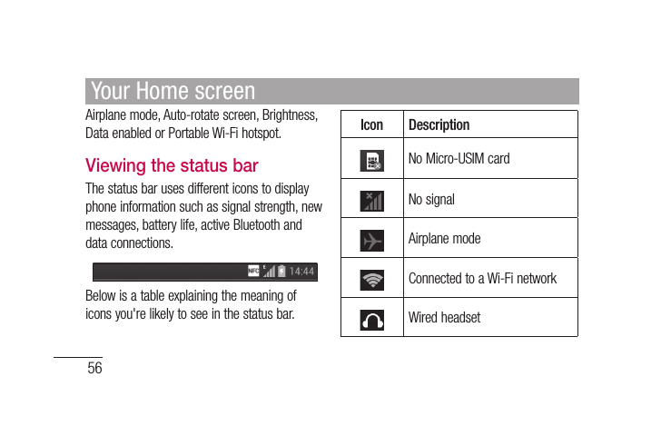 56Airplane mode, Auto-rotate screen, Brightness, Data enabled or Portable Wi-Fi hotspot.Viewing the status barThe status bar uses different icons to display phone information such as signal strength, new messages, battery life, active Bluetooth and data connections.Below is a table explaining the meaning of icons you&apos;re likely to see in the status bar.Icon DescriptionNo Micro-USIM cardNo signalAirplane modeConnected to a Wi-Fi networkWired headsetYour Home screen