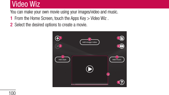 100You can make your own movie using your images/video and music.1  From the Home Screen, touch the Apps Key &gt; Video Wiz .2  Select the desired options to create a movie.Video Wiz