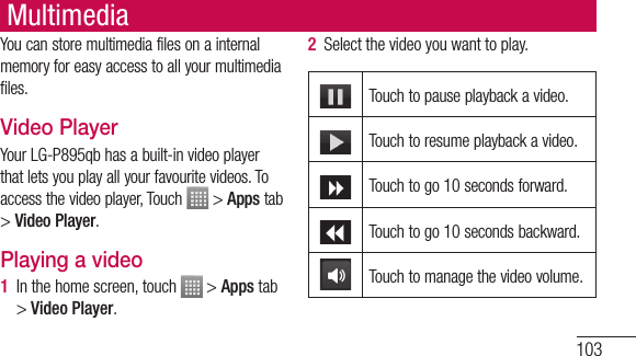 103MultimediaYou can store multimedia files on a internal memory for easy access to all your multimedia files.Video PlayerYour LG-P895qb has a built-in video player that lets you play all your favourite videos. To access the video player, Touch   &gt; Apps tab &gt; Video Player.Playing a video1  In the home screen, touch   &gt; Apps tab &gt; Video Player. 2  Select the video you want to play.Touch to pause playback a video.Touch to resume playback a video.Touch to go 10 seconds forward.Touch to go 10 seconds backward.Touch to manage the video volume.