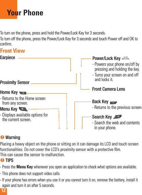 12Your PhoneTo turn on the phone, press and hold the Power/Lock Key for 3 seconds.To turn off the phone, press the Power/Lock Key for 3 seconds and touch Power off and OK to confirm.Front Viewn TIPS - Press the Menu Key whenever you open an application to check what options are available.- This phone does not support video calls.-  If your phone has errors when you use it or you cannot turn it on, remove the battery, install it again and turn it on after 5 seconds.Home Key -  Returns to the Home screen from any screen.Menu Key -  Displays available options for the current screen.EarpieceBack Key -  Returns to the previous screen.Search Key -  Search the web and contents in your phone.Power/Lock Key -  Powers your phone on/off by pressing and holding the key.-  Turns your screen on and off and locks it.Proximity Sensorn Warning Placing a heavy object on the phone or sitting on it can damage its LCD and touch screen functionalities. Do not cover the LCD’s proximity sensor with a protective ﬁlm.  This can cause the sensor to malfunction.Front Camera Lens